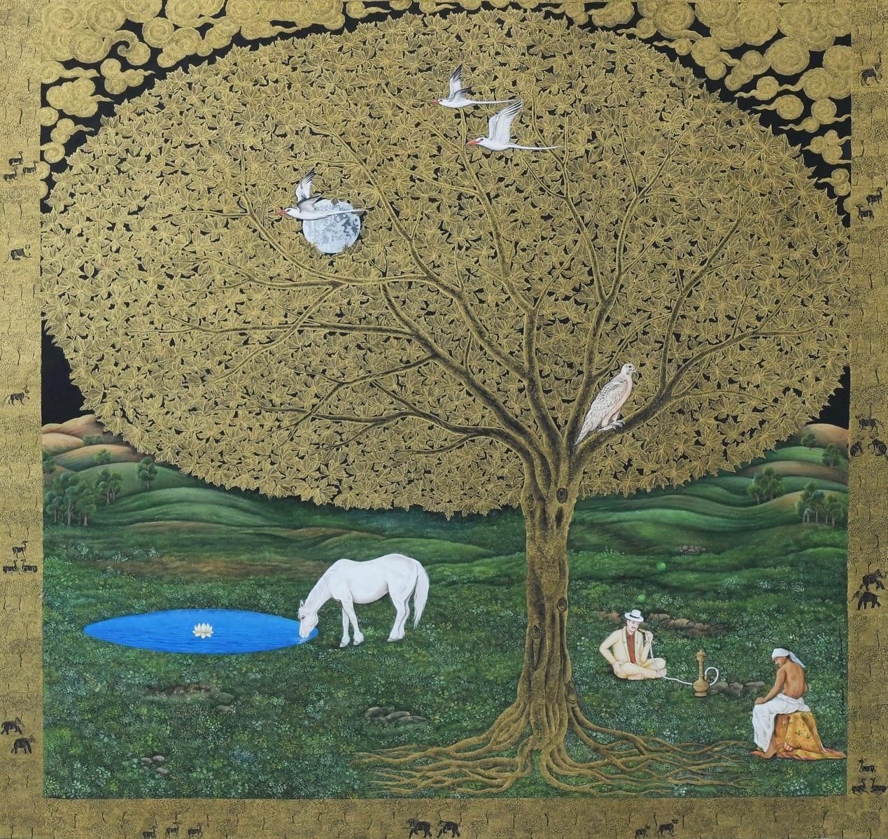 "Oasis Within the Mirage - II" by Waswo X. Waswo. Lithographic pigments and gold on original paper, 22 x 22 inches, 2024. Courtesy of Waswo X. Waswo and Espace Gallery, New Delhi.