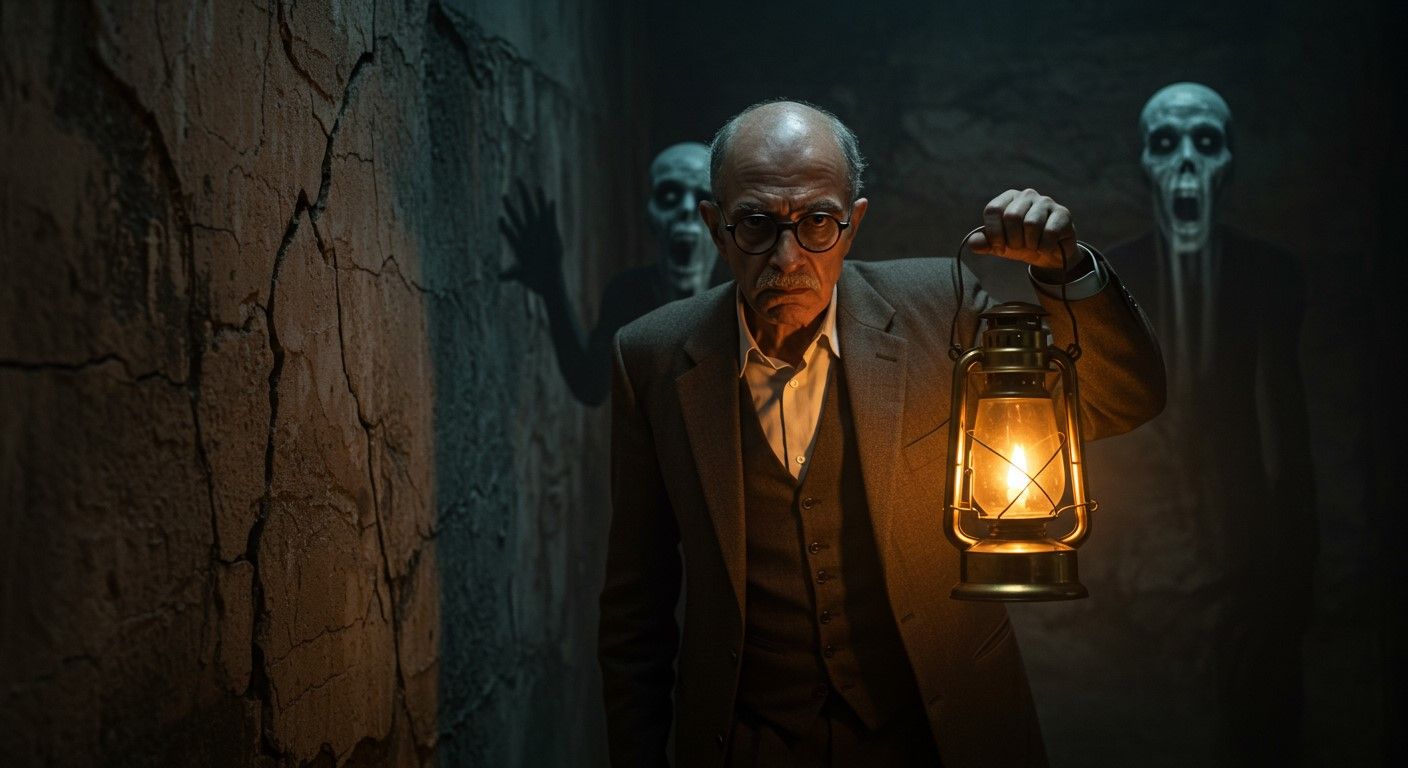 An artistic portrayal of Dr. Refaat Ismail as envisioned by artificial intelligence, the protagonist of the worlds of mystery and the supernatural in Ahmed Khaled Tawfik’s Paranormal series. Created by Madar Studio using AI.
