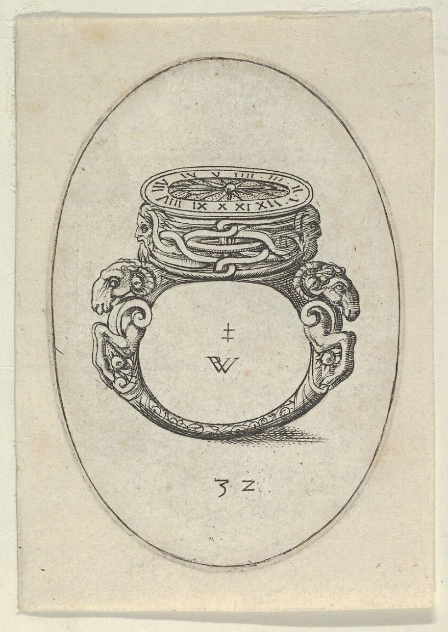 A Ring Watch is nothing new. This one was imagined more than 460 years ago. A design for a Ring Watch (1561), Plate 32 from Livre d'Aneaux d’Orfevrerie. Artist and engraver: Pierre Woeiriot de Bouzey II (French, Neufchâteau 1532–1599 Damblain). Dimensions: Plate: 2 11/16 × 1 7/8 in. (6.8 × 4.7 cm). Sheet: 3 1/16 × 2 3/16 in. (7.8 × 5.5 cm). Credit Line: Harris Brisbane Dick Fund, 1926 and from The Metropolitan Museum of Art collection. 