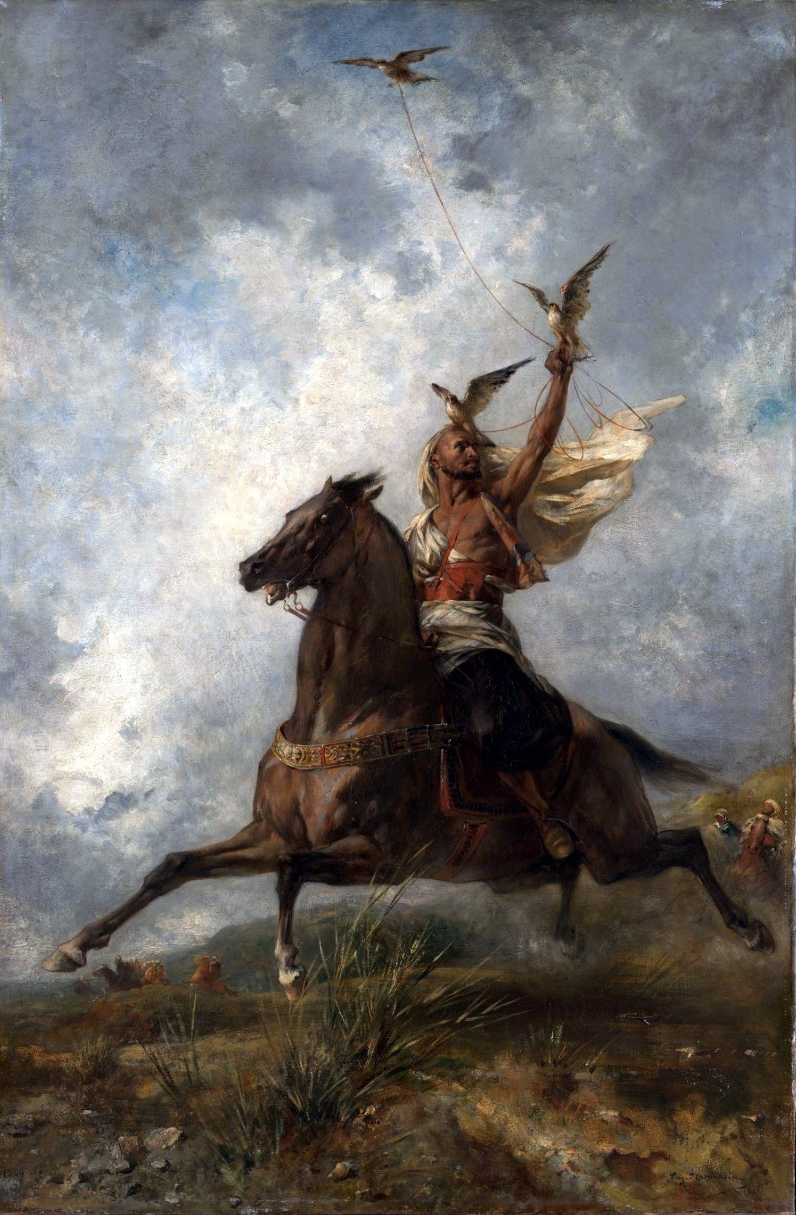 "الصقار العربي"، للرسام أوجين فرومنتان (فرنسي، لا روشيل 1820 – سان موريس 1876). لوحة زيتية على قماش، تعود لعام 1864، بأبعاد 42 3/4 × 28 1/2 إنش (108.6 × 72.4 سم). الحقوق: منحة جون هوبارت وارن، 1923، ضمن مجموعة متحف المتروبوليتان للفنون.
