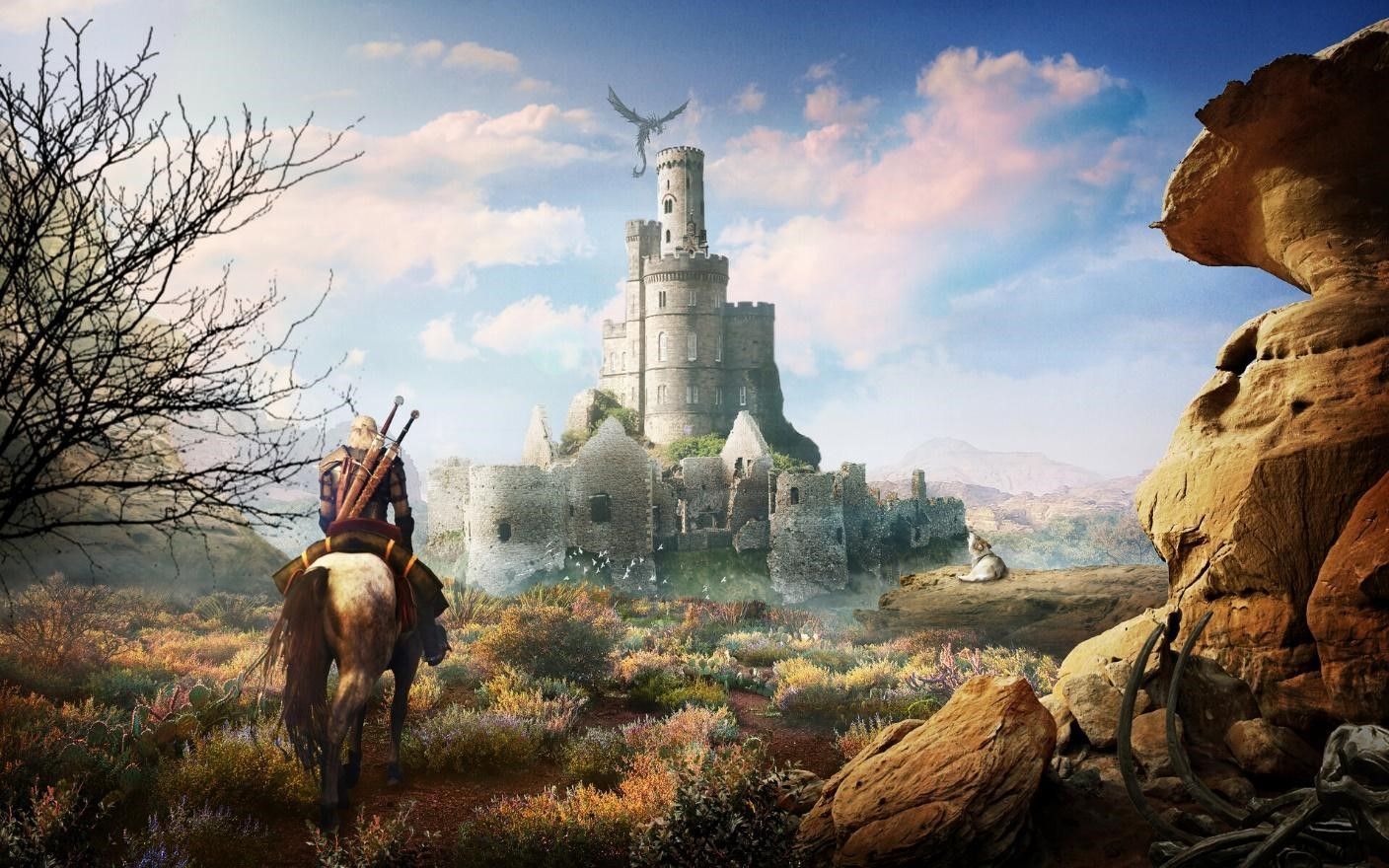 Geralt of Rivia rides his horse Roach toward an abandoned castle, as a dragon soars above, in the magical and mysterious Witcher world. Rendering of The Witcher 3: Wild Hunt, courtesy of Akash Moish.