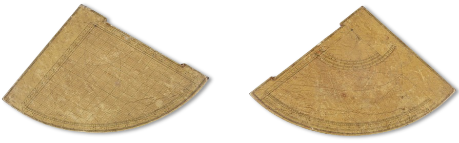 أدوات الربع الُمجيب من العصر العثماني. تركيا، العصر العثماني، القرن الثالث عشر الهجري، التاسع عشر الميلادي.الأرباع من الأدوات القديمة التي استخدمتها الإنسان في الملاحة والقياسات الفلكية. استخدمت لقياس الطول والعرض وتحديد الوقت. تحتوي هذه الأمثلة على الشاقول (خيط به ثقل في أحد طرفيه). الربع الأكبر موقّع ومؤرّخ بيد صانعه. HC.3D.2017.0006, HC.3D.2017.0007. 