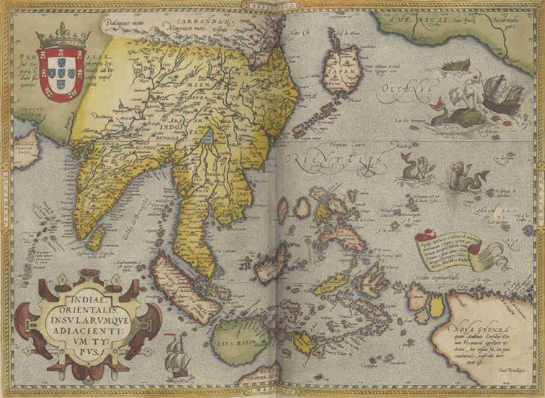 A map of mythical sea creatures: Theatrvm orbis terrarvm. Creator: Ortelius, Abraham. 1595. HC.FB.2016.0053. i23183755. Abraham Ortelius, a mapmaker known for creating the first modern atlas, included sea monsters especially on the map of Iceland. These fantastical creatures, often inspired by legends and mariners' tales, filled the unknown and dangerous areas, adding mystery and wonder. Part of Heritage Collections at Qatar National Library. No known Copyright. 