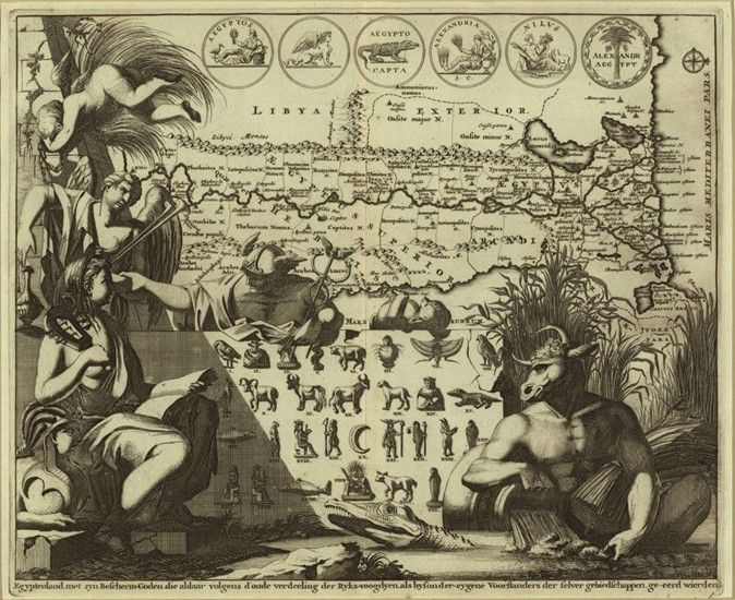 Map of Egypt: Egyptenland met zyn Bescherm - Goden die aldaar Volgens doude verdeeling der Ryks. Aa, Pieter van der, 1659-1733. Published in 1729. HC.MAP.00908. i11402349.Part of Heritage Collections at Qatar National Library. No known copyright. 