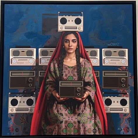 Invisible Connection 2025. Mixed media: ink and acrylic on stretched canvas 100 x 100 cm.Despite their age, telephones, radios and cassettes remain cherished by many. Here, these items invite us to celebrate the quiet power of nostalgia to preserve identity and community. By Skna Hassan. Courtesy of the Echoes of the Familiar exhibition.&nbsp;