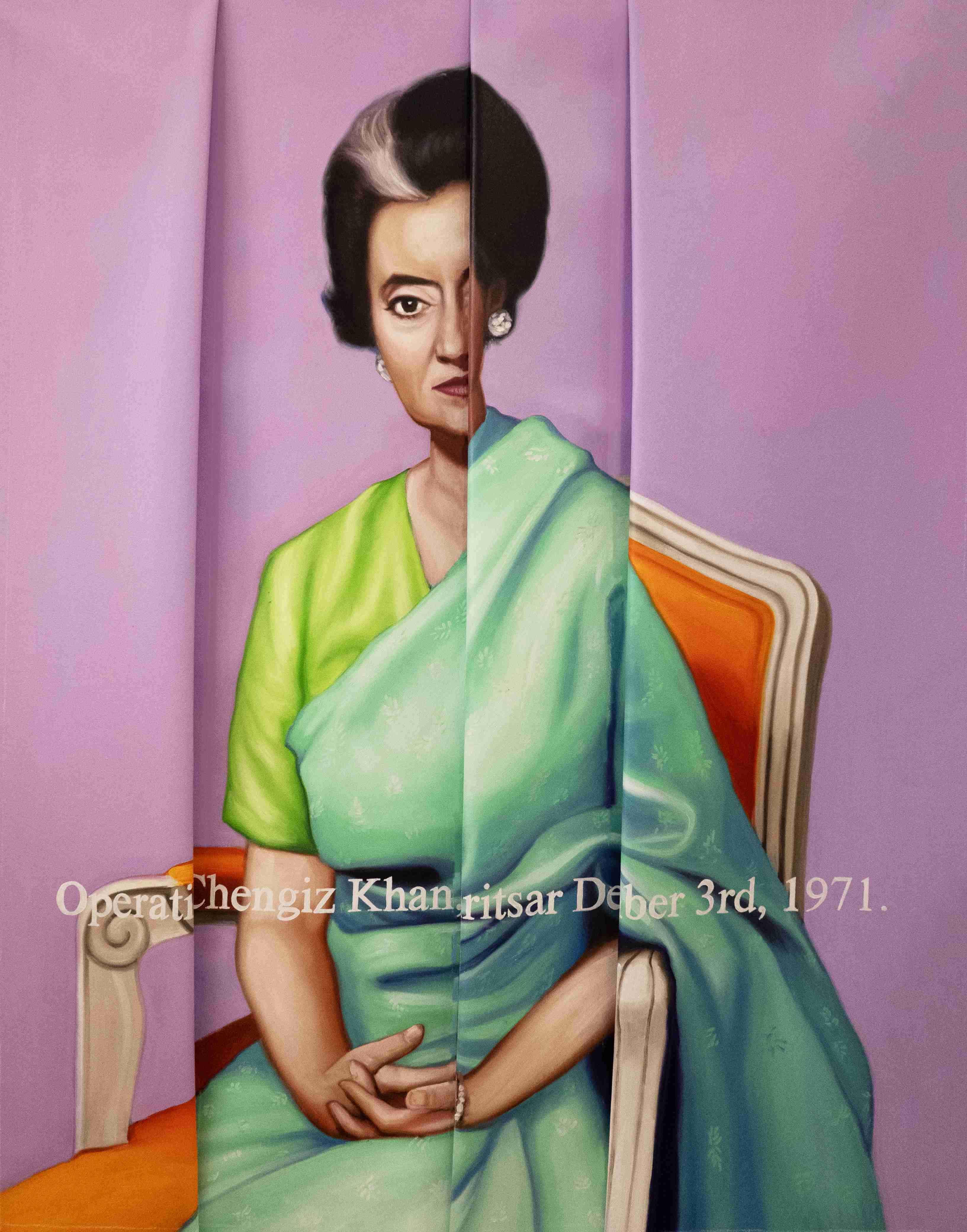 لوحة " Operatihengiz" – 2025، زيت على قماش مطوي، x 41 54 بوصة. /137.16 104.14 x سم. تصوّر هذه اللوحة إنديرا غاندي، أول رئيسة للوزراء في الهند والوحيدة حتى الآن، في سياق عملية جنكيز خان التي هدفت إلى مواجهة الضربات الاستباقية على القواعد الجوية الهندية. ويُنظر إلى تلك العملية بوصفها الانطلاقة الرسمية للحرب الهندية الباكستانية عام 1971، والتي انتهت بانتصار الهند، فيما تركت قرارات غاندي آنذاك أثرًا عميقًا غيّر وجه البلاد إلى الأبد. تُقسّم هذه اللوحة خيوط القرارات العسكرية وتُسلط الضوء على تداعياتها. 