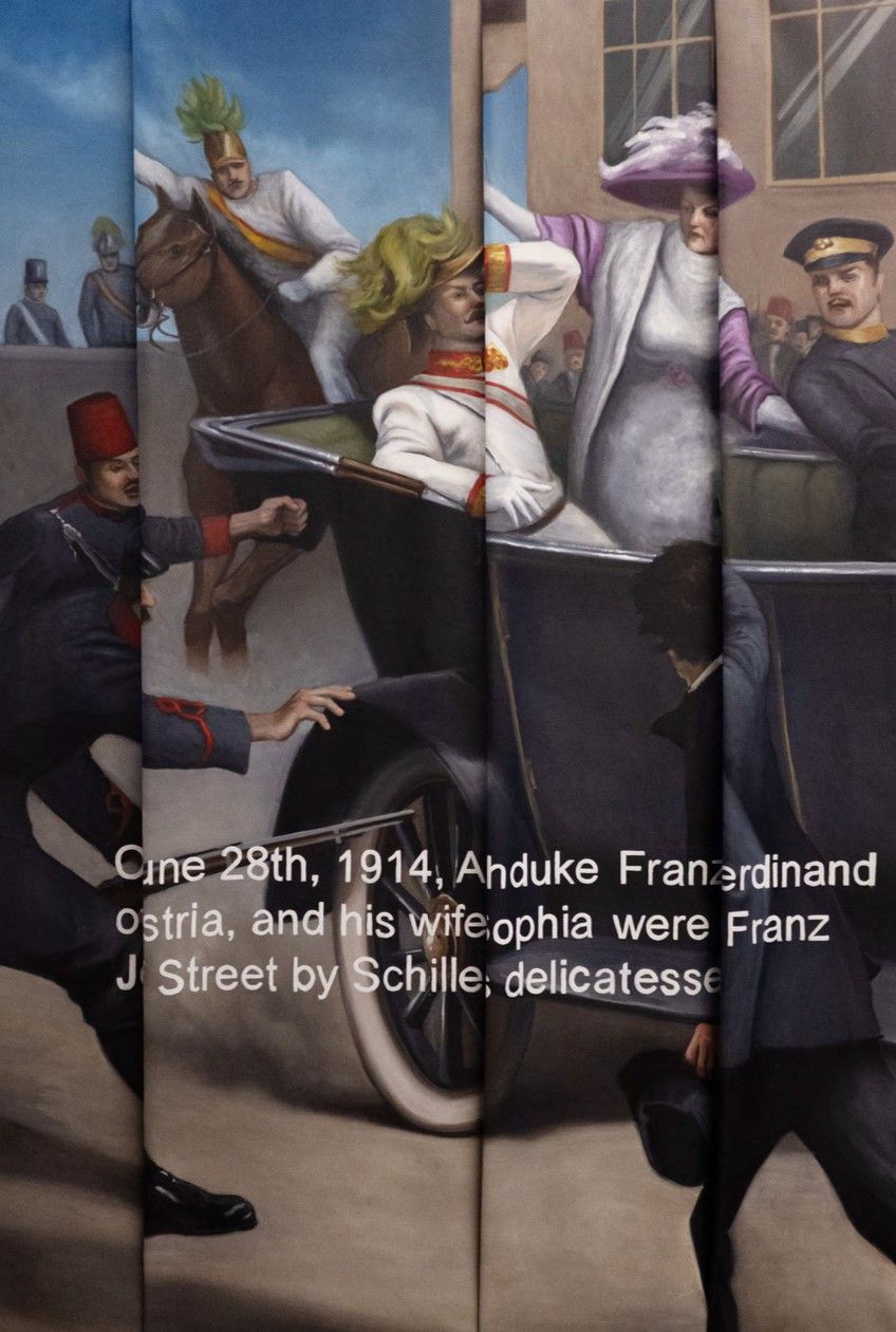 لوحة "One 2th" – 2025، زيت على قماش مطوي، 72 × 50 بوصة / 182.88 × 127 سم. يعيد هذا العمل بناء رسم أشيل بلترام لاغتيال الذي صوّر اغتيال الأرشيدوق فرانز فرديناند. الحدث الذي أشعل الحرب العالمية الأولى وأعاد تشكيل الحدود الوطنية وأطلق سلسلة من التحولات السياسية والاجتماعية والاقتصادية العميقة والتي شكّلت ملامح القرن العشرين. تتأمل اللوحة كيف أن لحظة واحدة يمتد أثرها ليشكّل المستقبل، مشيرة إلى أن الحاضر سيصبح يومًا ما تاريخًا ينظر إليه الآخرون. 