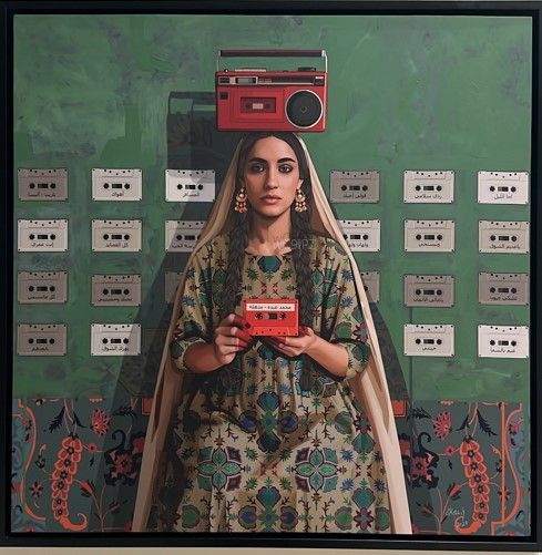 Invisible Connection 2025. Mixed media: ink and acrylic on stretched canvas 100 x 100 cm.Despite their age, telephones, radios and cassettes remain cherished by many. Here, these items invite us to celebrate the quiet power of nostalgia to preserve identity and community. By Skna Hassan. Courtesy of the Echoes of the Familiar exhibition.&nbsp;