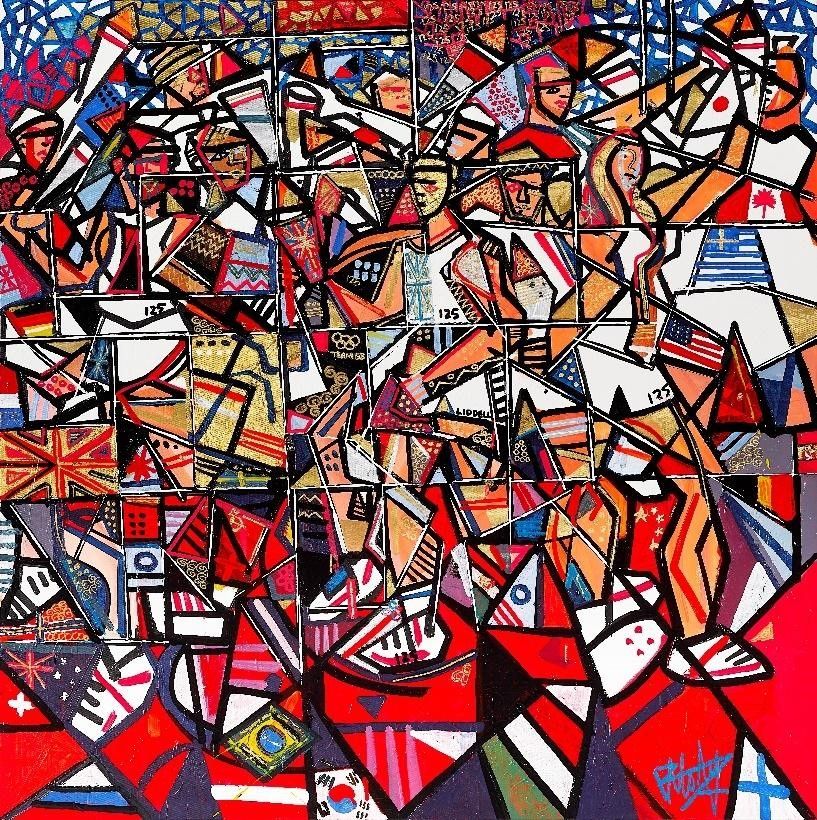 The British Olympic Association 125 years, 90x90cm Acrylic and 24karat gold on canvas. Courtesy of Ben Mosley.