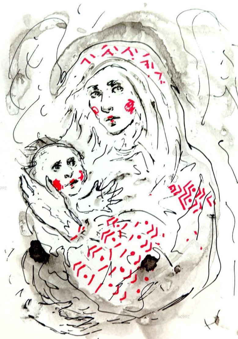 'أم وطفل'، للفنانة ناستا مارتين. حبر على ورق. بإذن من مركز كتبنا الثقافي.&nbsp;