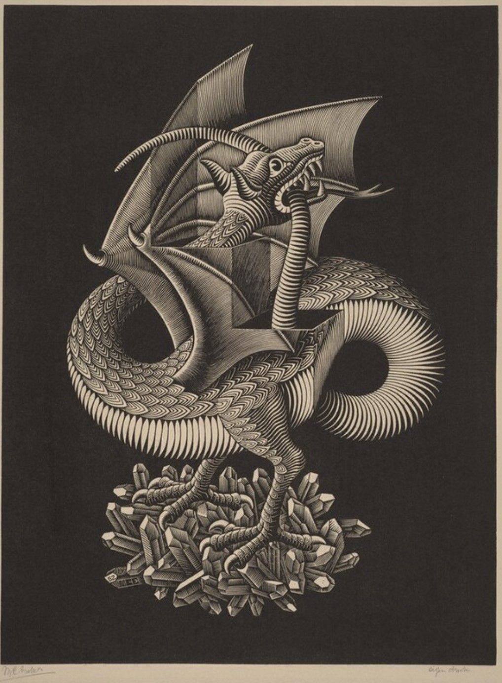 Dragon (1952) by M.C. Escher (1898-1972) 1952. Wood engraving. Credit Line: Cornelius Van S. Roosevelt Collection. Public Domain, National Gallery of Art.
