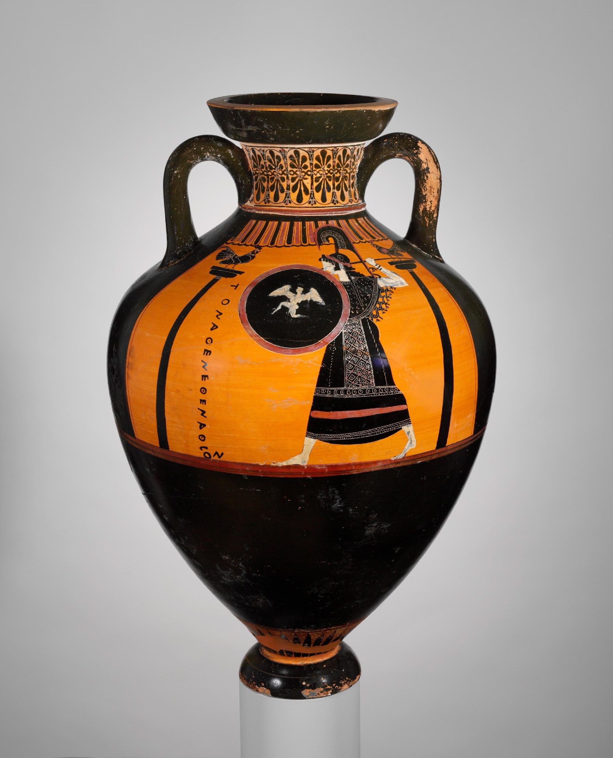 Terracotta Panathenaic prize amphora (jar), ca. 510 B.C. Greek, Attic. Terracotta, 24 ½ in. (62.2 cm). The Metropolitan Museum of Art, New York, Purchase, Fletcher Fund, 1956 (56.171.4). Public Domain (Obverse side of jar, Goddess Athena).