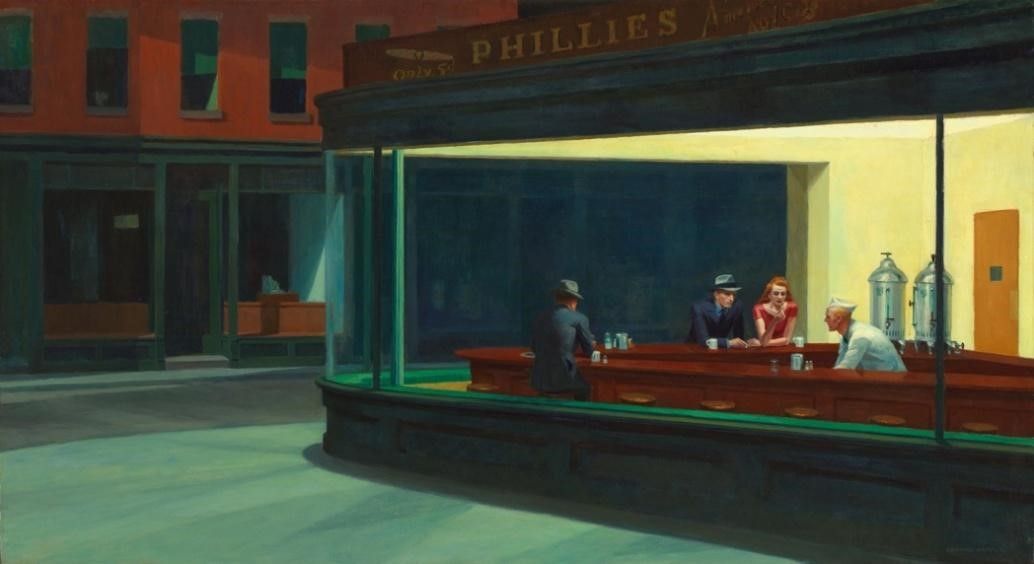 إدوارد هوبر، لوحة صقور الليل (Nighthawks) 1942، زيت على قماش، 84.1 × 152.4 سم (33.1 × 60.0 بوصة)، معهد شيكاغو للفنون. المصدر: ويكيميديا.