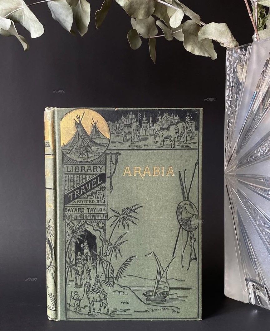“Travels in Arabia” is a hardcover book by American poet Bayard Taylor (1825-1878). The book documents the life of pilgrimage in Arabia during the mid 19th century as the author travels to Mecca and Madina and illustrates what he sees. Courtesy of Crystal Ages. 