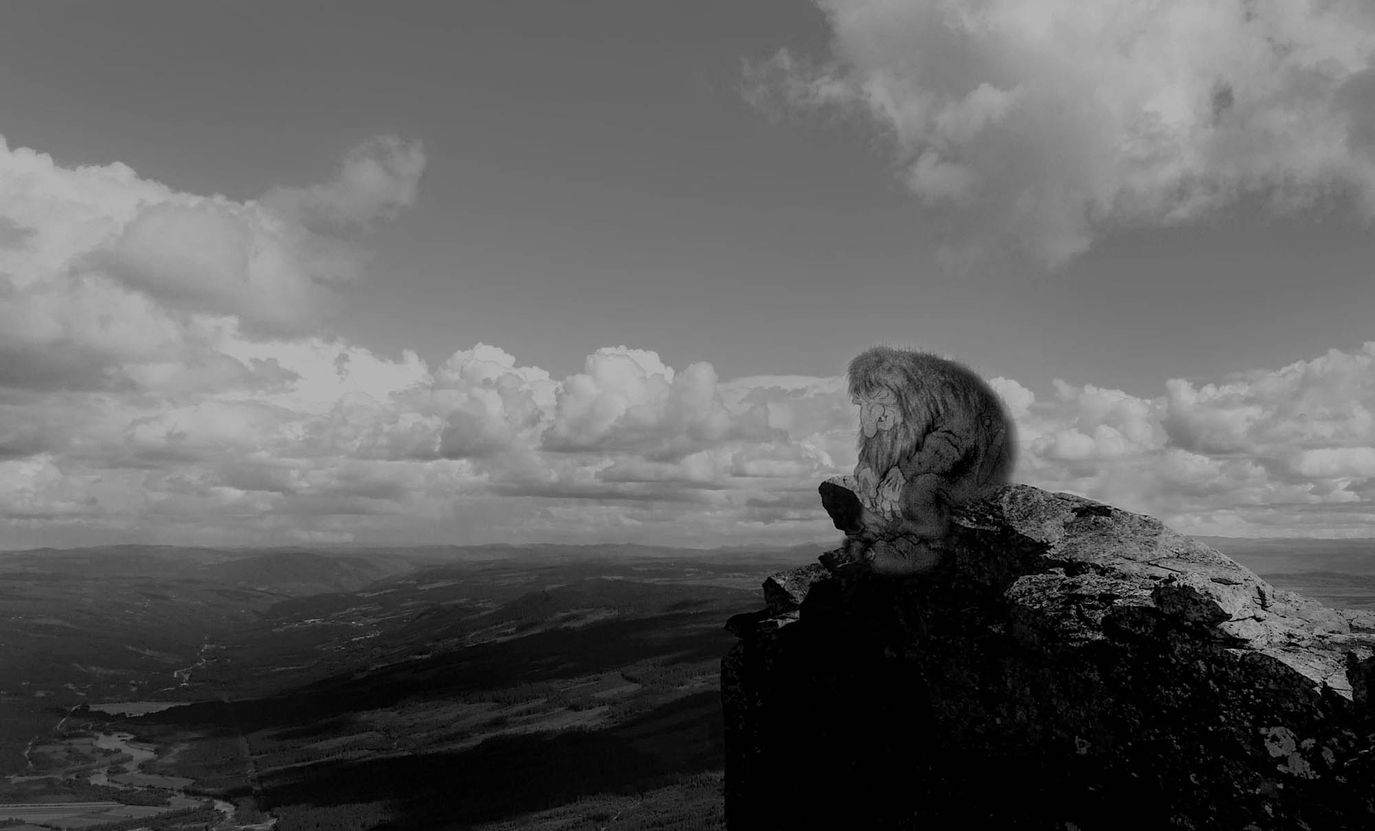 Photo by Anne Katrine Senstad with the iconic illustration by Theodor Severin Kittelsen (1914-1857) “The Troll contemplating his age.” The troll contemplating age is ironic since they have no age, they are known to be dumb and worry heads – Kittelsen’s illustration is about how we as humans worry about life. I put him on the very edge of a mountain peak in Hemsedal, as if sitting on the roof of his house. Trolls live inside mountains if they are small like this fellow, and if they are large, they are the actual mountain itself. In that case, the mountain is a sleeping Troll not to be awakened – the other ironic point with the illustration is it refers to the sculpture “The Thinker” by Rodin – so it’s a human trait to think, to contemplate, to philosophize and worry.