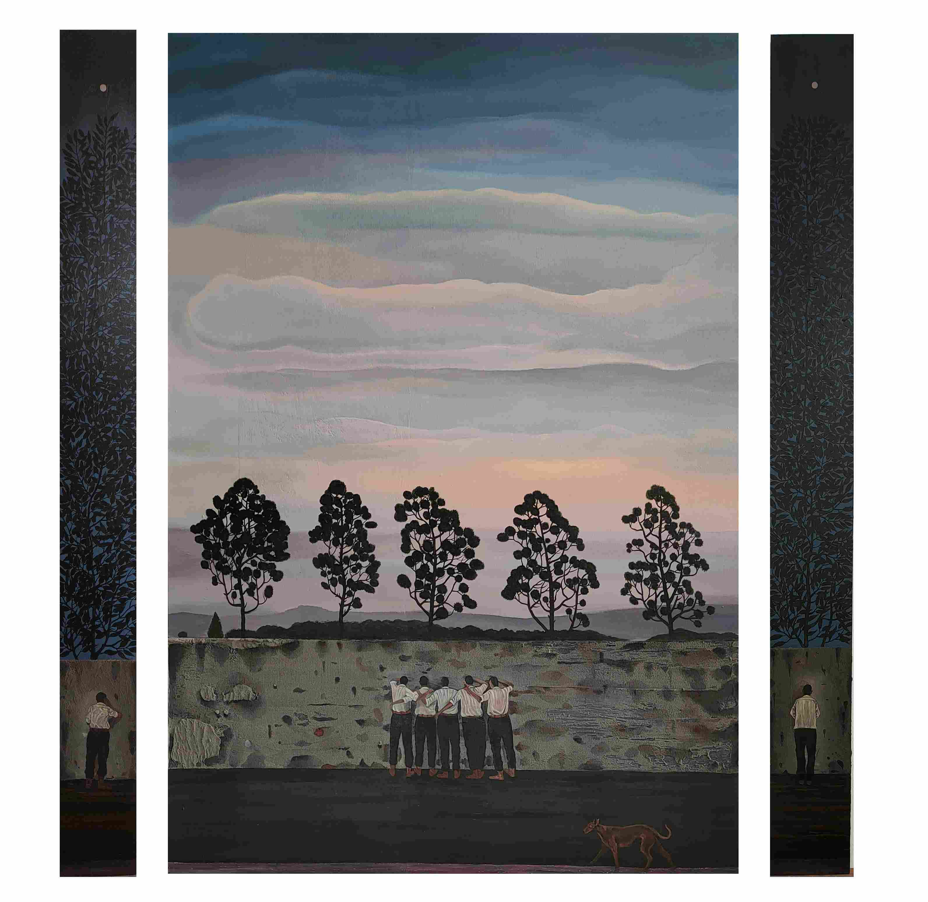 Abul Hisham, Silent whispers (Tryptic), 2023, Acrylic on linen and wood, 190 x 180 cm. Courtesy of the Artist and Secci.&nbsp;&nbsp;