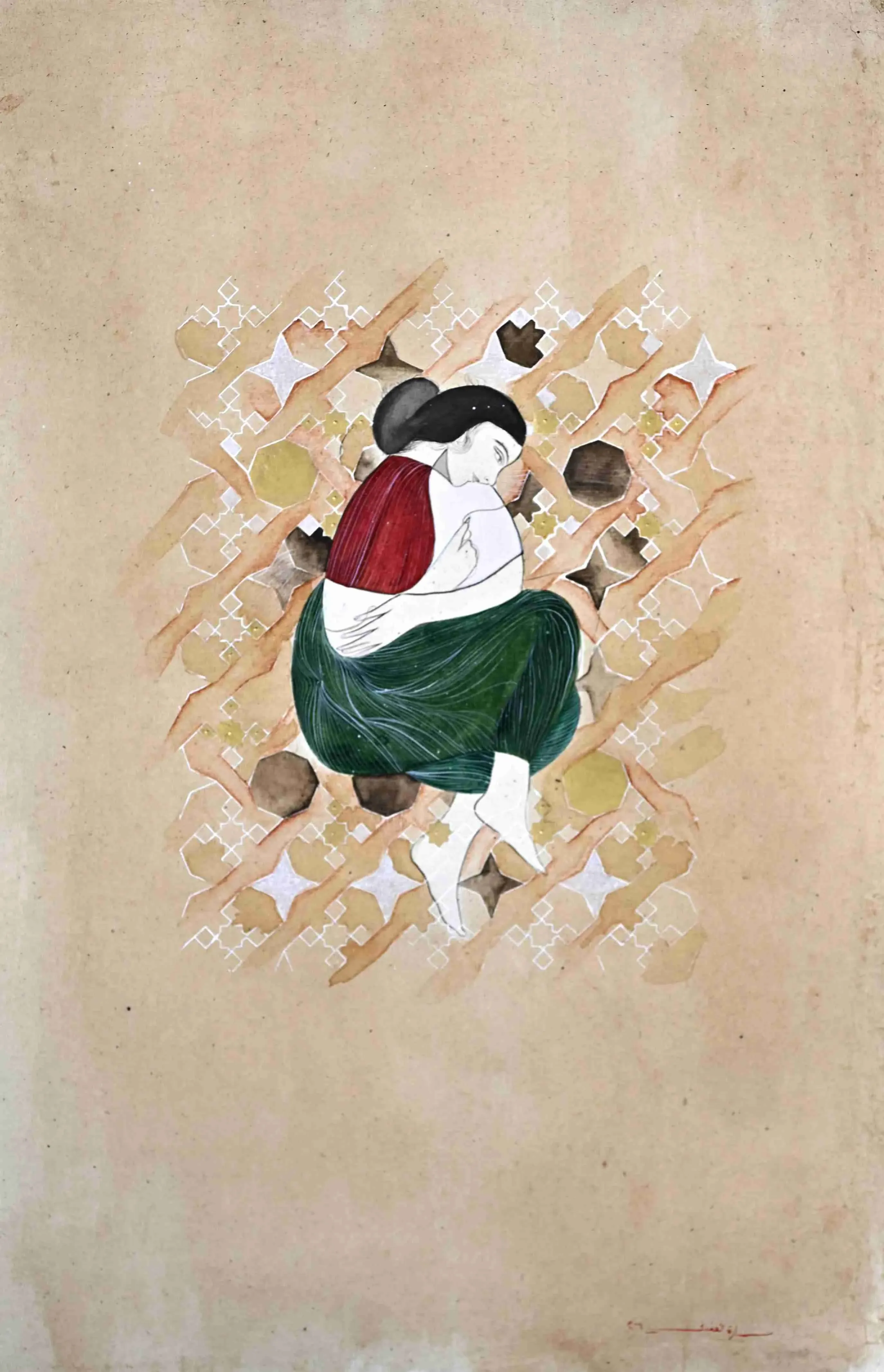 ‘Glimpse of Eve 2.’ Sara Al Abdali. 2026. Japanese gouache, ink, and gold on handmade wasli paper. 42 × 64 cm. Courtesy of the artist.&nbsp;