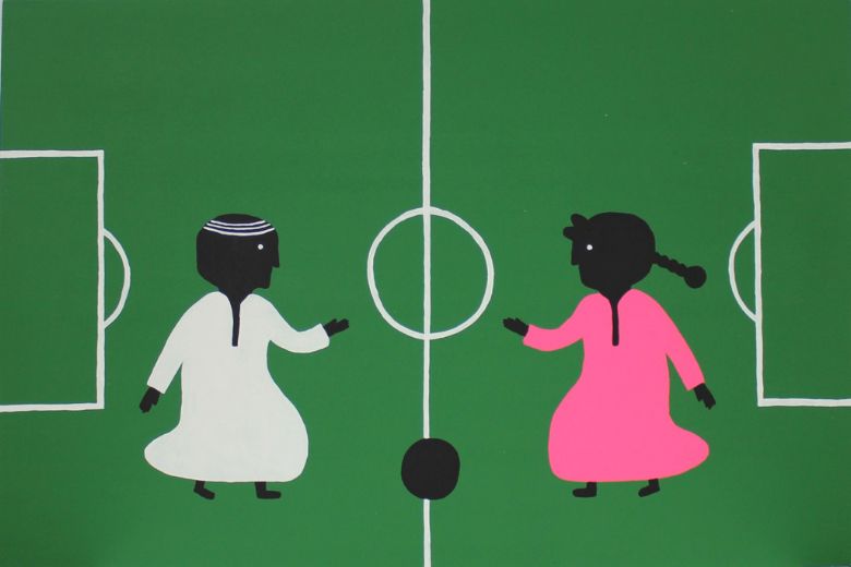 ‘Zamaan,’ a football game between two children, by Egyptian artist Mohamed Sharkawy. 2010. Acrylic on canvas. Dimensions: 60 x 90 X3.5..Courtesy of Barjeel Art Foundation, Sharjah.