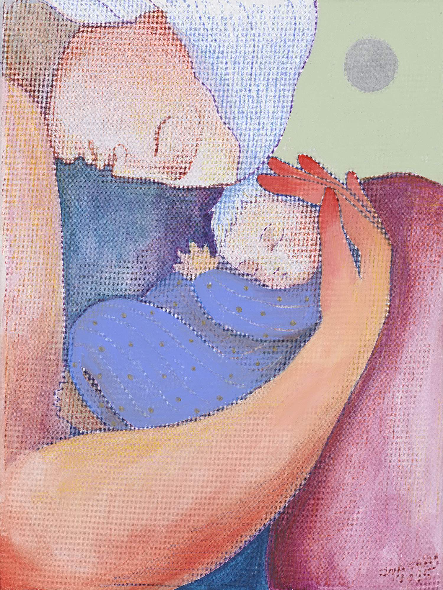 'أم وطفلها تحت نور القمر المكتمل'، للفنانة إينا كارلا سيرنياك. ألوان أكريليك وباستيل زيتي، أقلام خشبية، وقلم تحديد، على قماش. 30×40×2سم. بإذن من الفنانة.&nbsp;