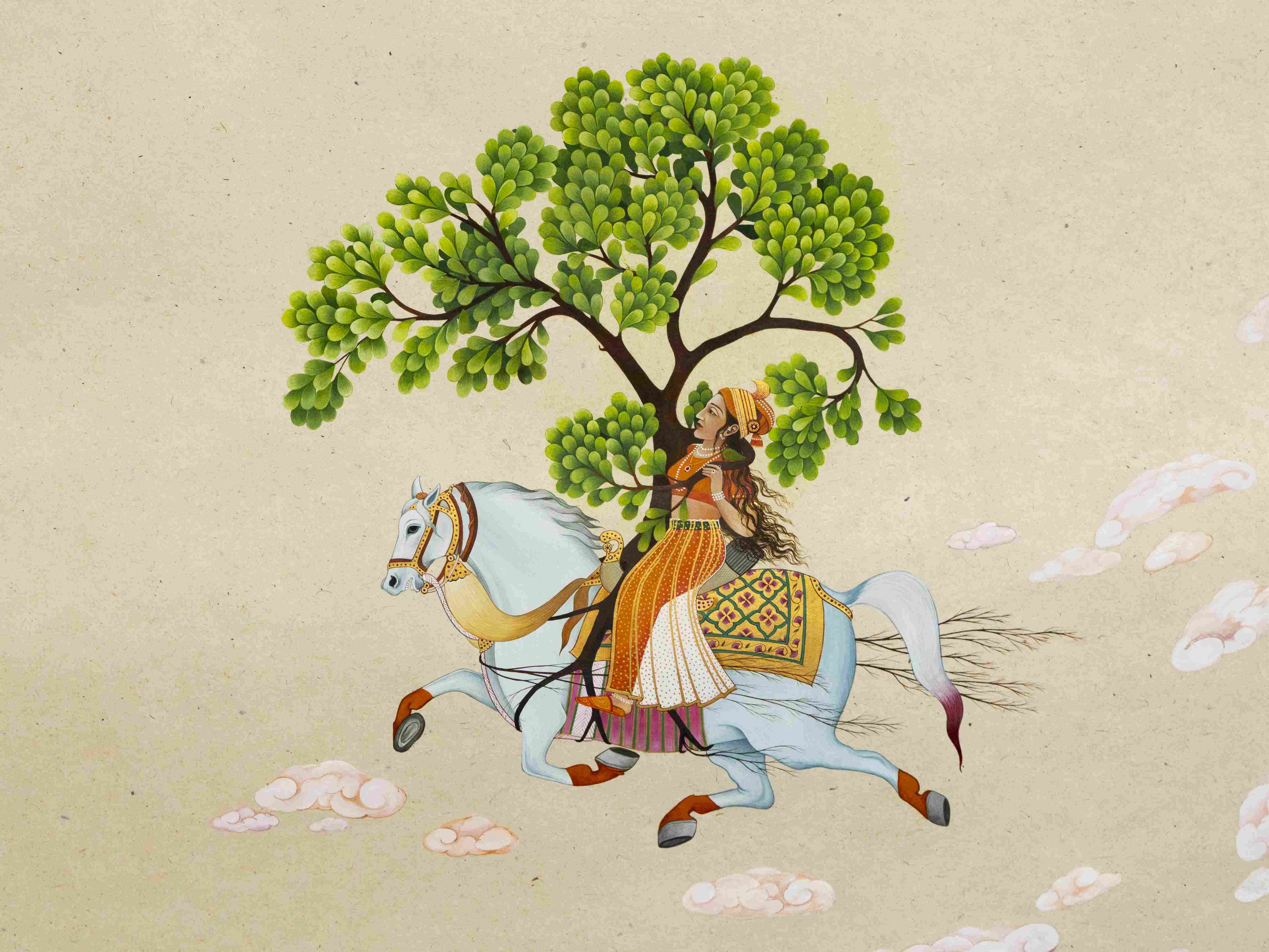 Manjot Kaur. Riding on the Clouds with My Beloved. 2024. Gouache and watercolor on wasli paper. 18 x 25 inches. Courtesy of LATITUDE 28 and the Artist.&nbsp;