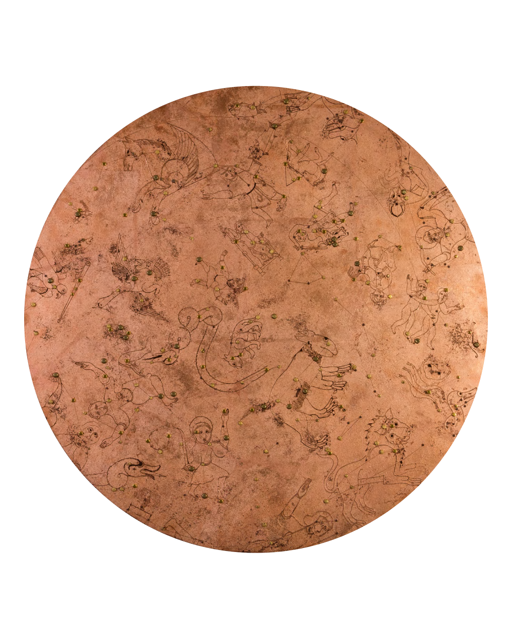 “The journey in God by God,” 2017 (by God, in that the spiritual traveler leaves his or her own existence and ascribes his journey to God). By Saudi Artist Basmah Felemban. Courtesy Basmah Felemban and Athr Gallery, Details: Laser engraved on coppered plywood with gilded embellishments and a rotating mechanism. 65 x 65 cm. It is a map of the constellations using ‘Abd al-Rahman al-Sufi’s work titled “Book of the Constellations of the Fixed Stars”, it resembles the second journey, and one of the maps or tools that a traveler would need on his journey to transcend from one realm to another.