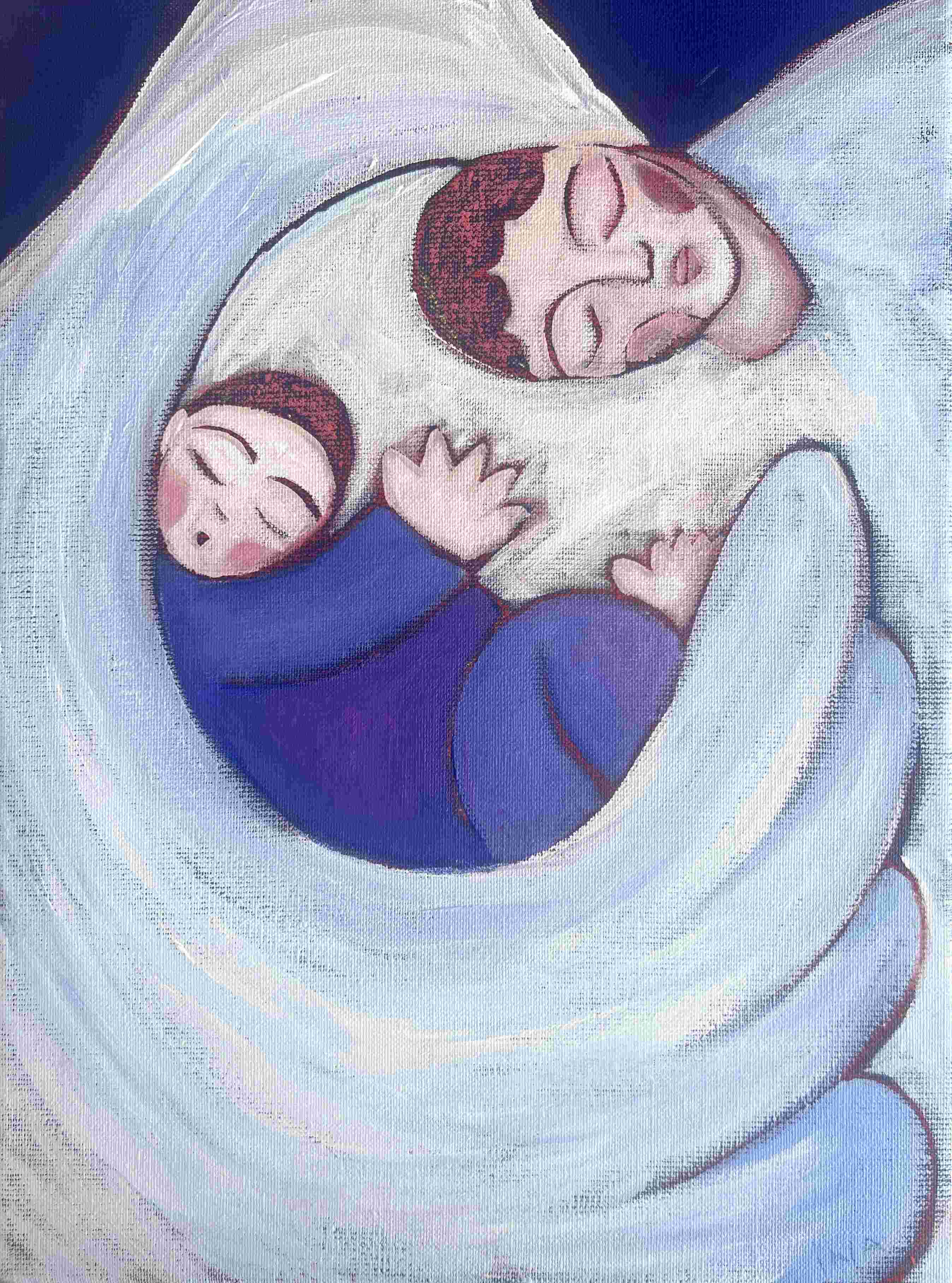 'أم وطفلها يحلمان بأجنحة ملاك'، للفنانة إينا كارلا سيرنياك. ألوان أكريليك وباستيل زيتي على قماش. 30×40×2 سم. بإذن من الفنانة.&nbsp;