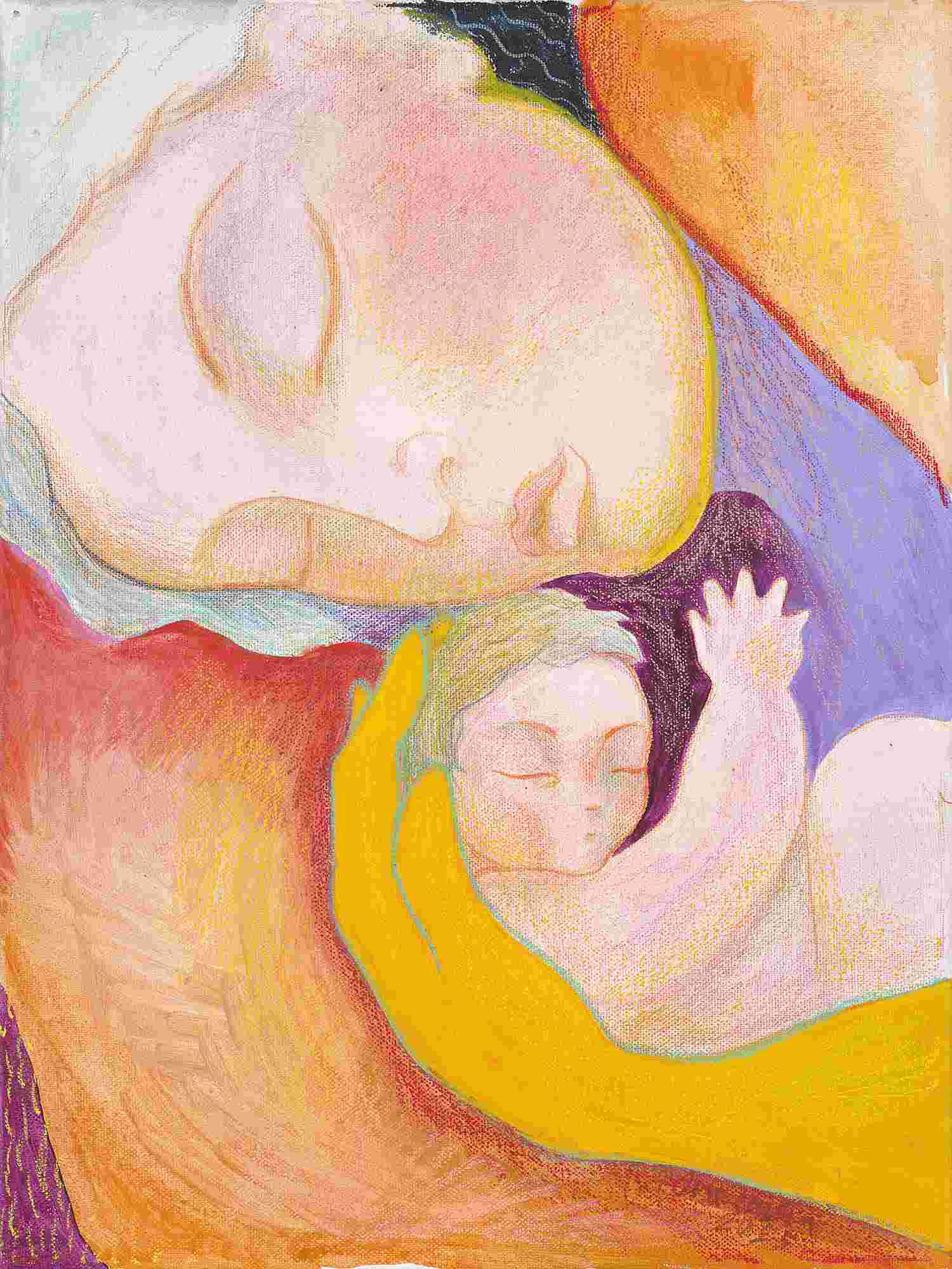 'أم وطفلها يغفوان وقت الظهيرة'، للفنانة إينا كارلا سيرنياك. ألوان أكريليك، وأقلام خشبية على قماش. 30×40×2 سم. بإذن من الفنانة.&nbsp;