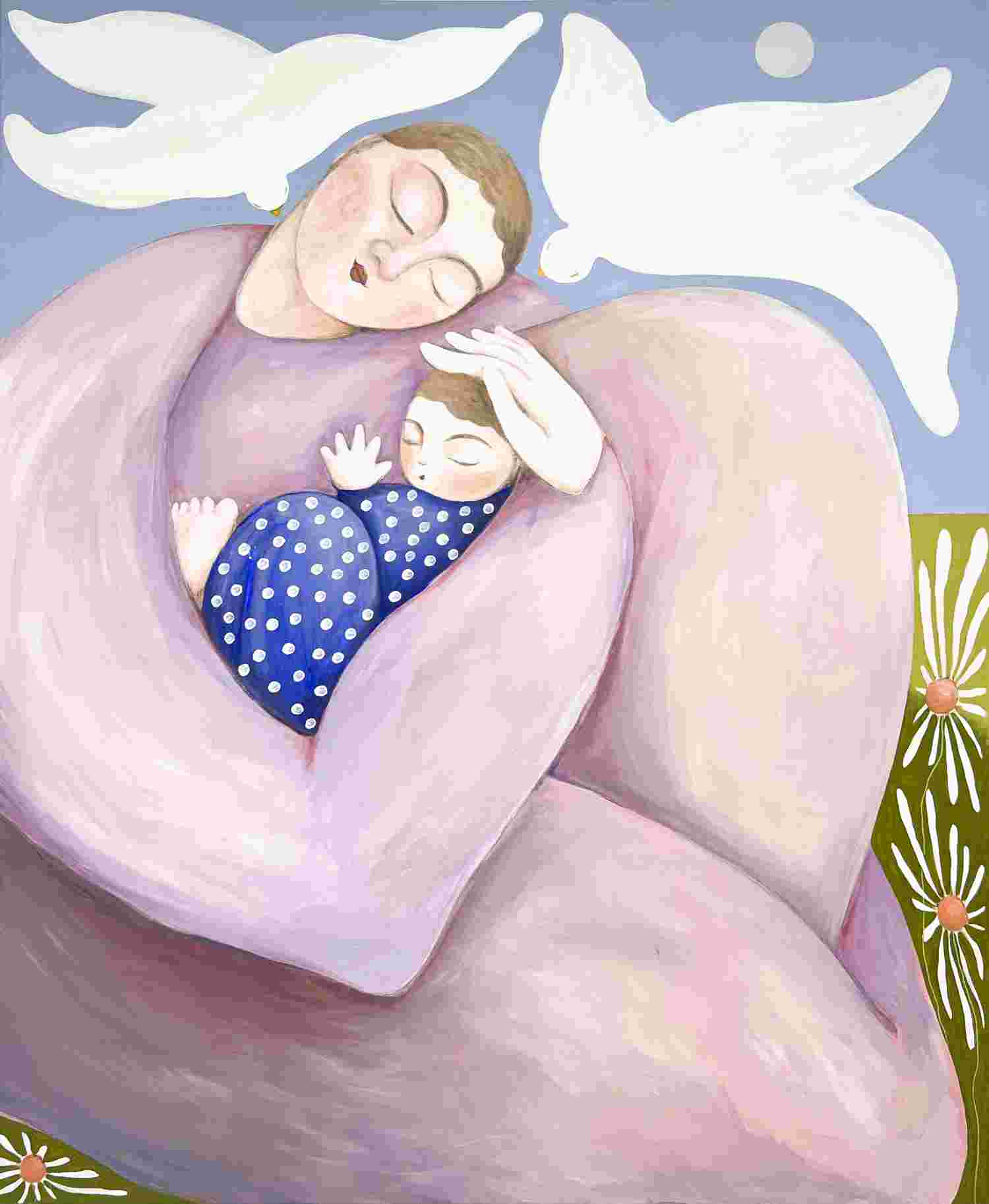 'أم وطفلها في سكينة'، للفنانة إينا كارلا سيرنياك. ألوان أكريليك على قماش. 100x120x2سم، بإذن من الفنانة.&nbsp;