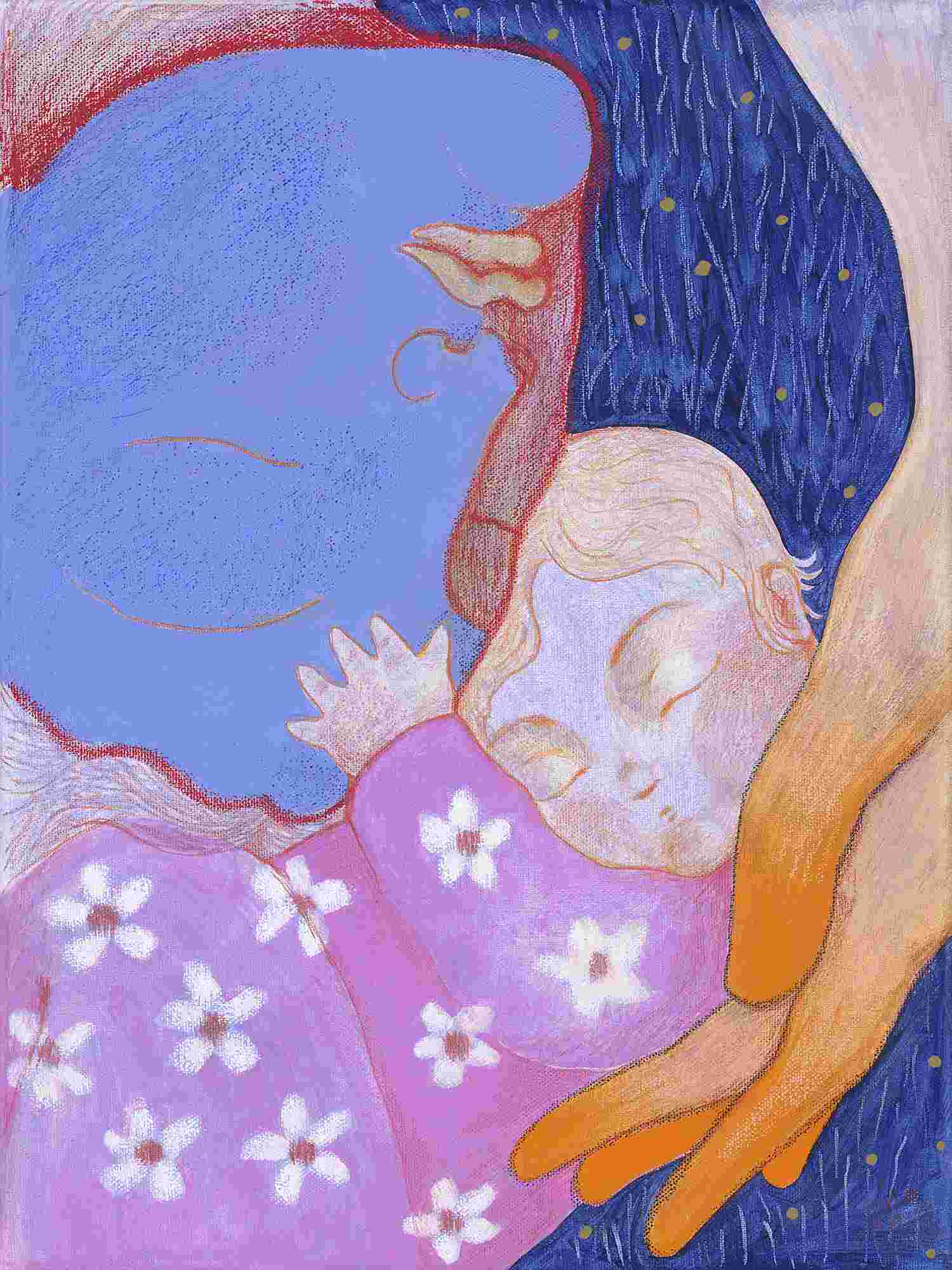 'أم وطفلها يغطّان في نوم عميق وقت الظهيرة'، للفنانة إينا كارلا سيرنياك. ألوان أكريليك، وباستيل زيتي، وأقلام خشبية، وقلم تحديد على قماش. 30×40×2سم. بإذن من الفنانة.&nbsp;