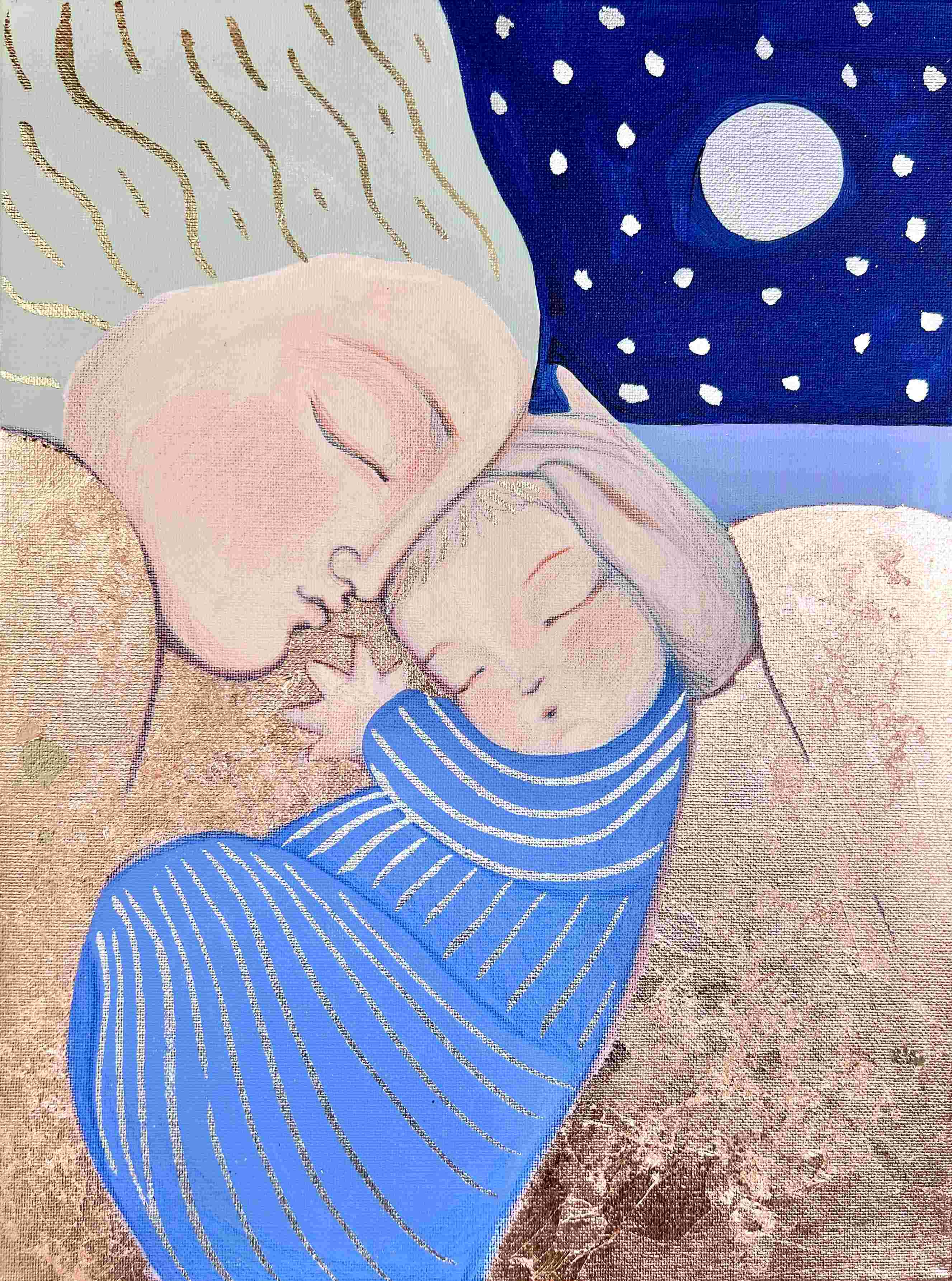 'استقبال الحب'، للفنانة إينا كارلا سيرنياك. ألوان أكريليك، وأقلام خشبية، ورقائق ذهبية، على قماش. 30x40x2 سم. بإذن من الفنانة.&nbsp;