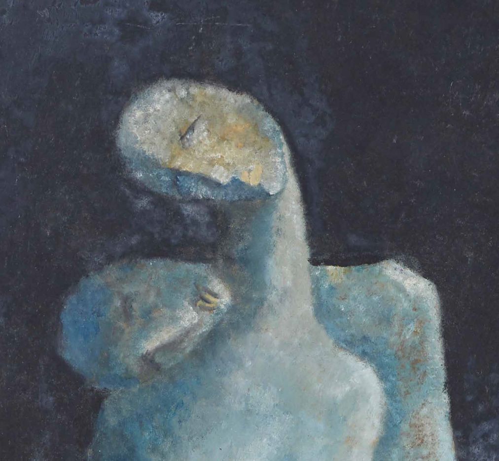 “Lovers,” Mona Saudi. 1963, Oil on panel, 89 x 56 cm. Image courtesy of Barjeel Art Foundation, Sharjah.