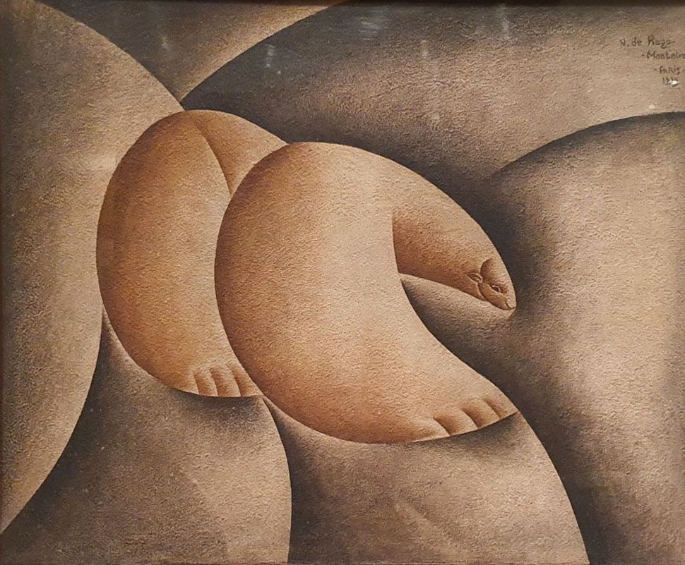 فيسنتي دو ريغو مونتيرو، لوحة "الدب(El Oso)"، 1925، استخدم الفنان لوحة ألوان دافئة من درجات المغرة والبني، مستوحاة من الفخار الأمازوني، وجسّد بأشكال مجزأة تأثّرت بالتكعيبية والمستقبلية، دبًّا ذهبيًّا نادرًا يُعرف بـ"آكل النمل القزم"، وهو أصغر أنواع الدببة في العالم، وينتمي إلى شمال شرق البرازيل. يُعرض هذا العمل بإذن من متاحف قطر، كجزء من معرضها الرائد لمجموعات مالبا وإدواردو ف. كوستانتيني.