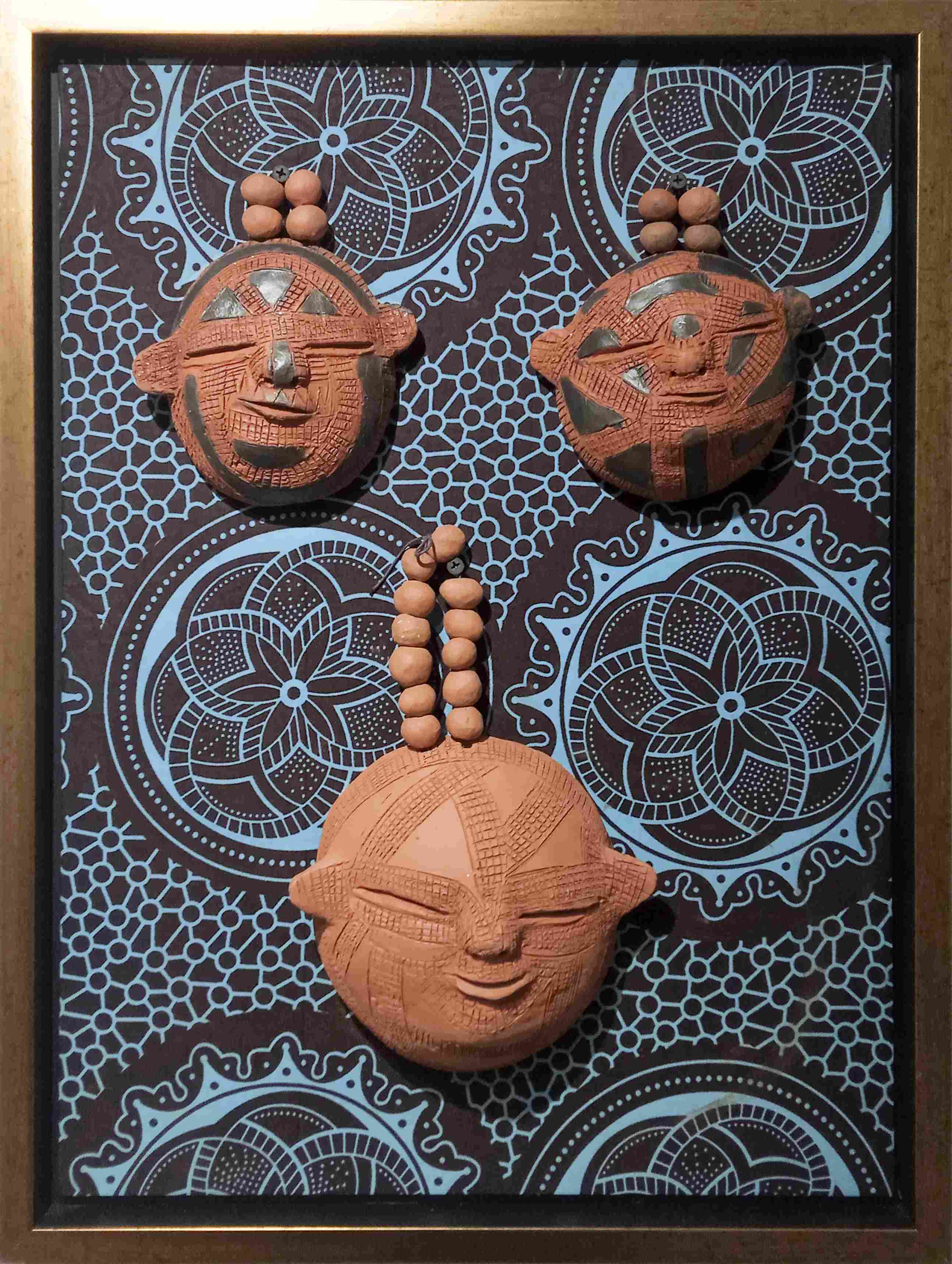 Reinata Sadimba, Untitled, 2023_Installation With Three Masks In Ceramic And Graphite, 58.5x43.5x4cm, Courtesy of Perve Galeria.&nbsp;