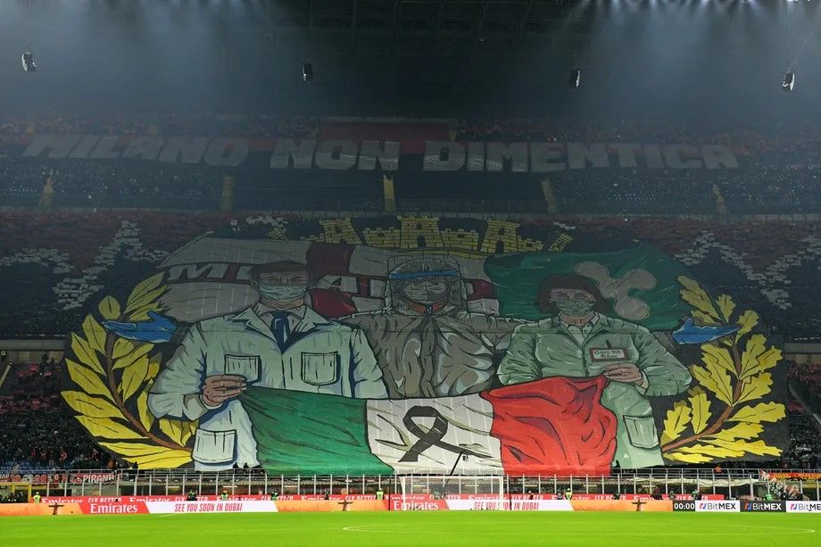 Before the 2021 derby against Inter, AC Milan fans unveiled a tifo honoring the parts of society that endured struggles during the COVID-19 pandemic. Credit: Jonathan Moscrop / Sportimage. 