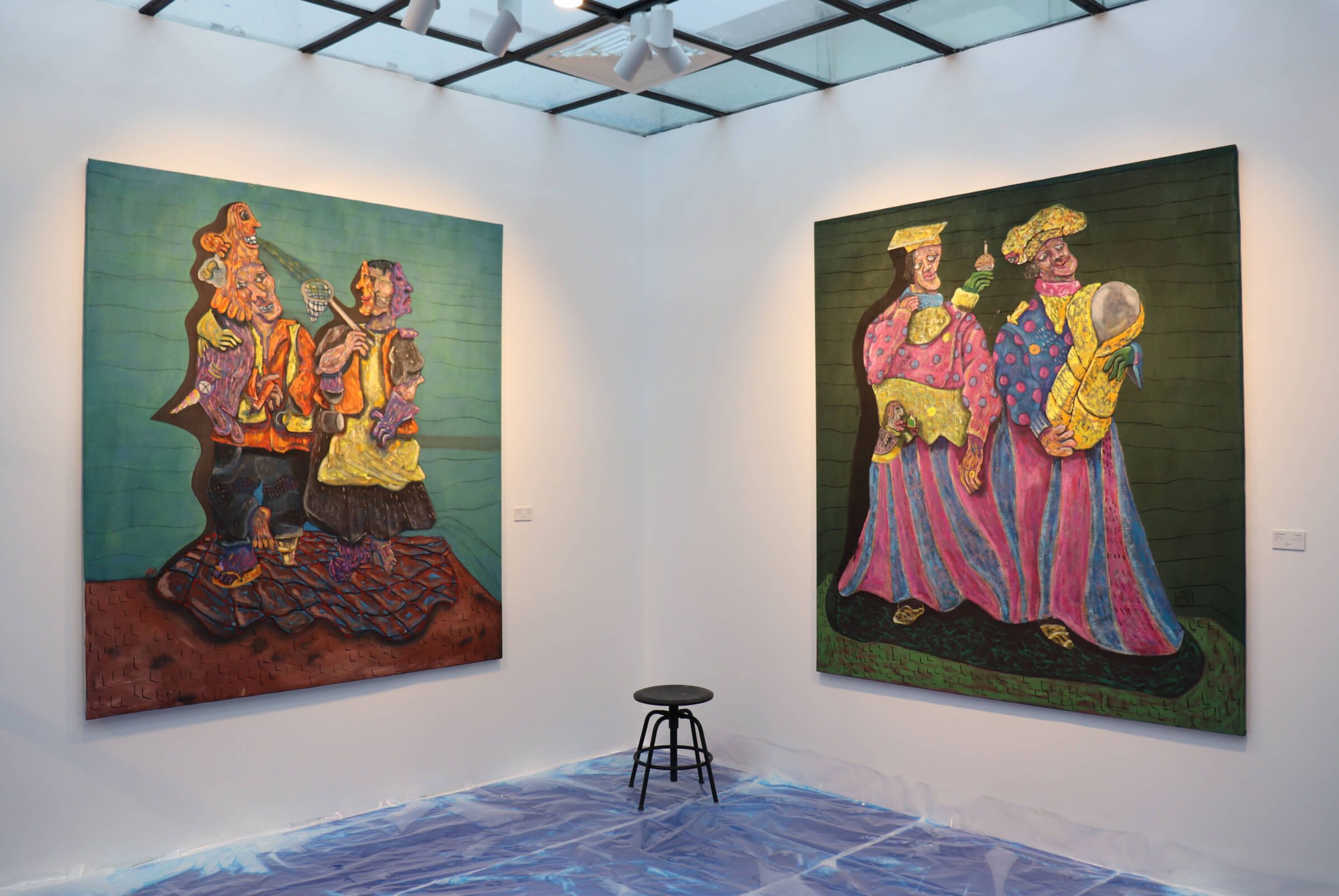 الفردية التشاركية 180 × 200 سم. الاكريليك على قماش. من المعرض الفردي الأول للفنّان "لمَ الخوف من البلل"، 2022. بإذن من الفنّان.