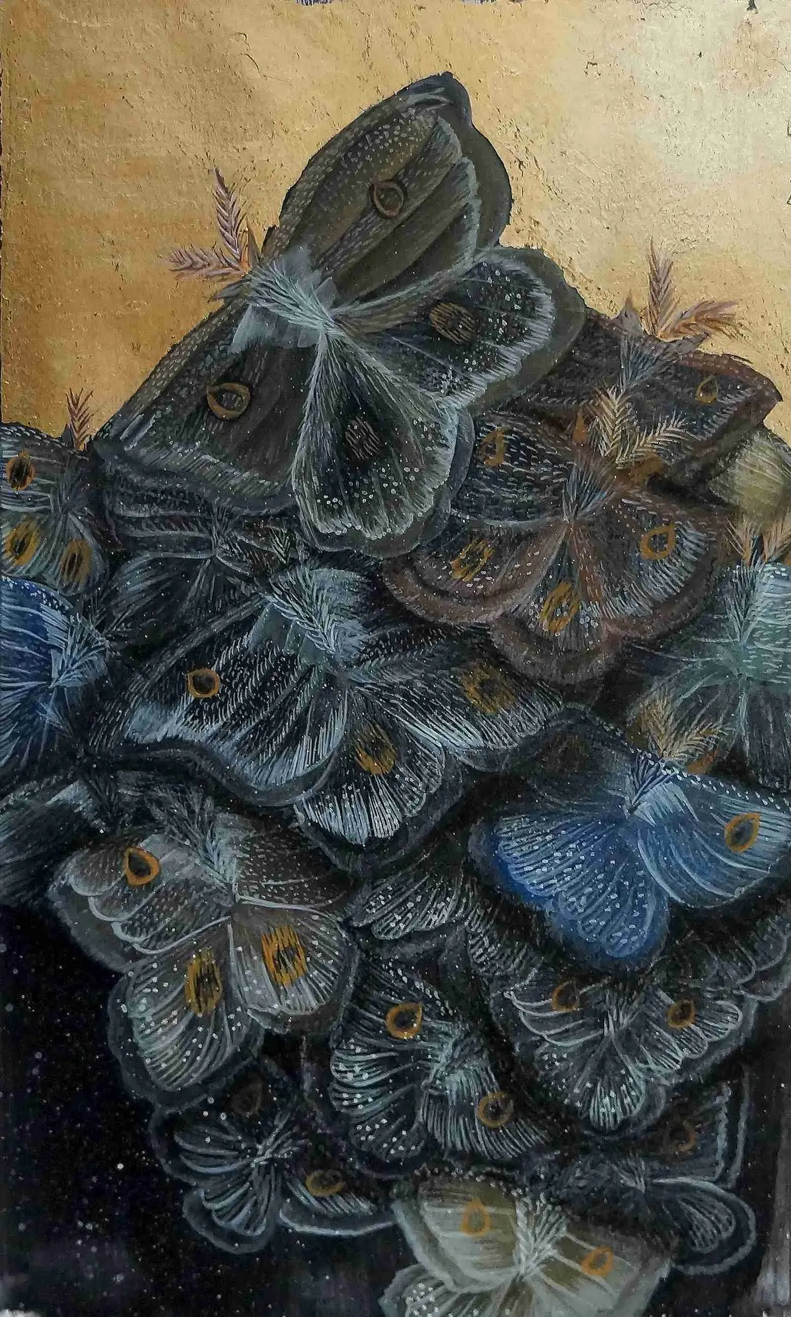‘Burning from love.’ Sara Al Abdali. 2024. Gouache, charcoal, and gold on paper. 14 × 24 cm. Courtesy of the artist.&nbsp;