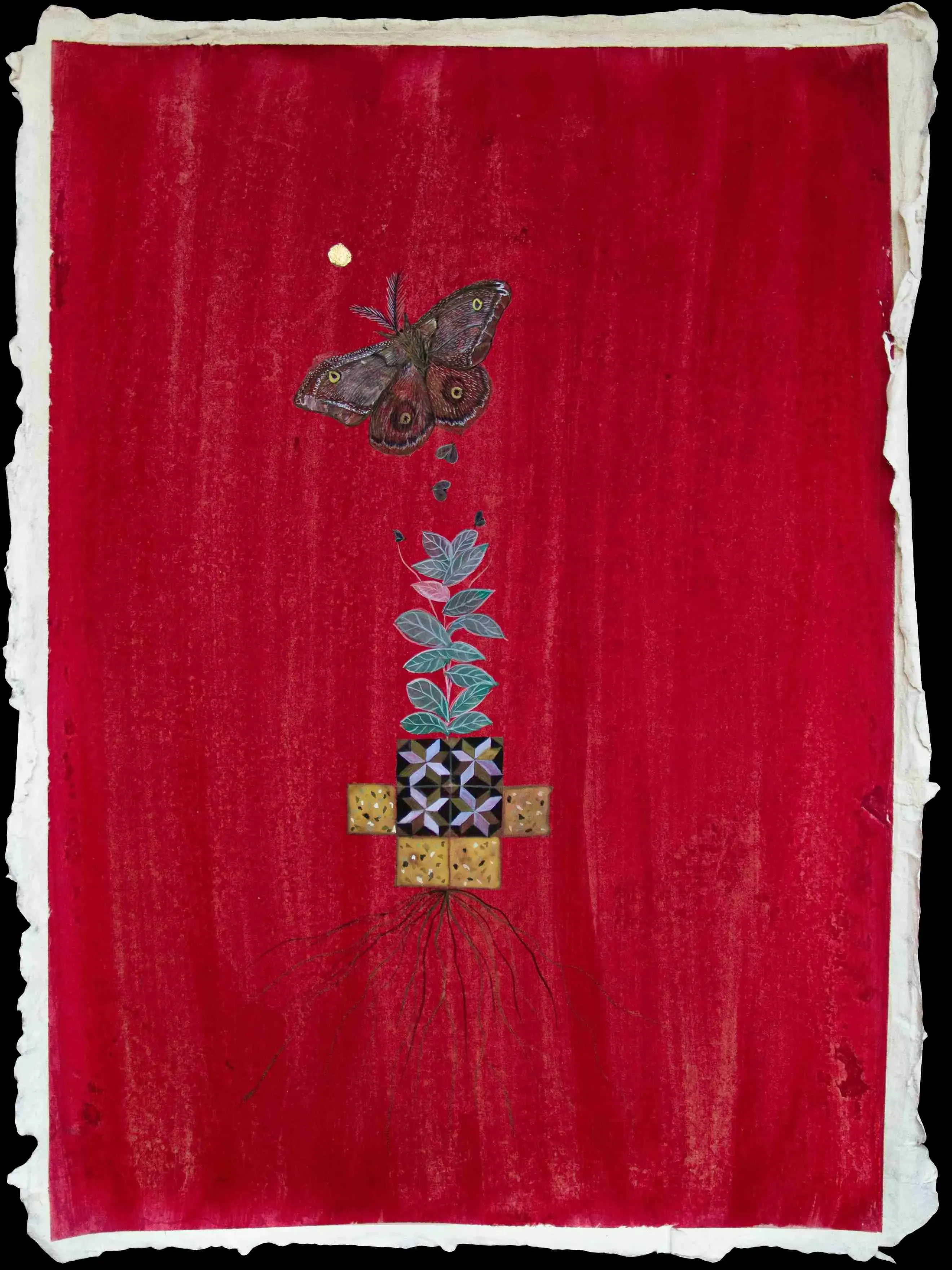 ‘Circle of Life.’ Sara Al Abdali. 2024. Gouache and gold on crimson-dyed wasli paper. 38 × 43 cm. Courtesy of the artist.&nbsp;