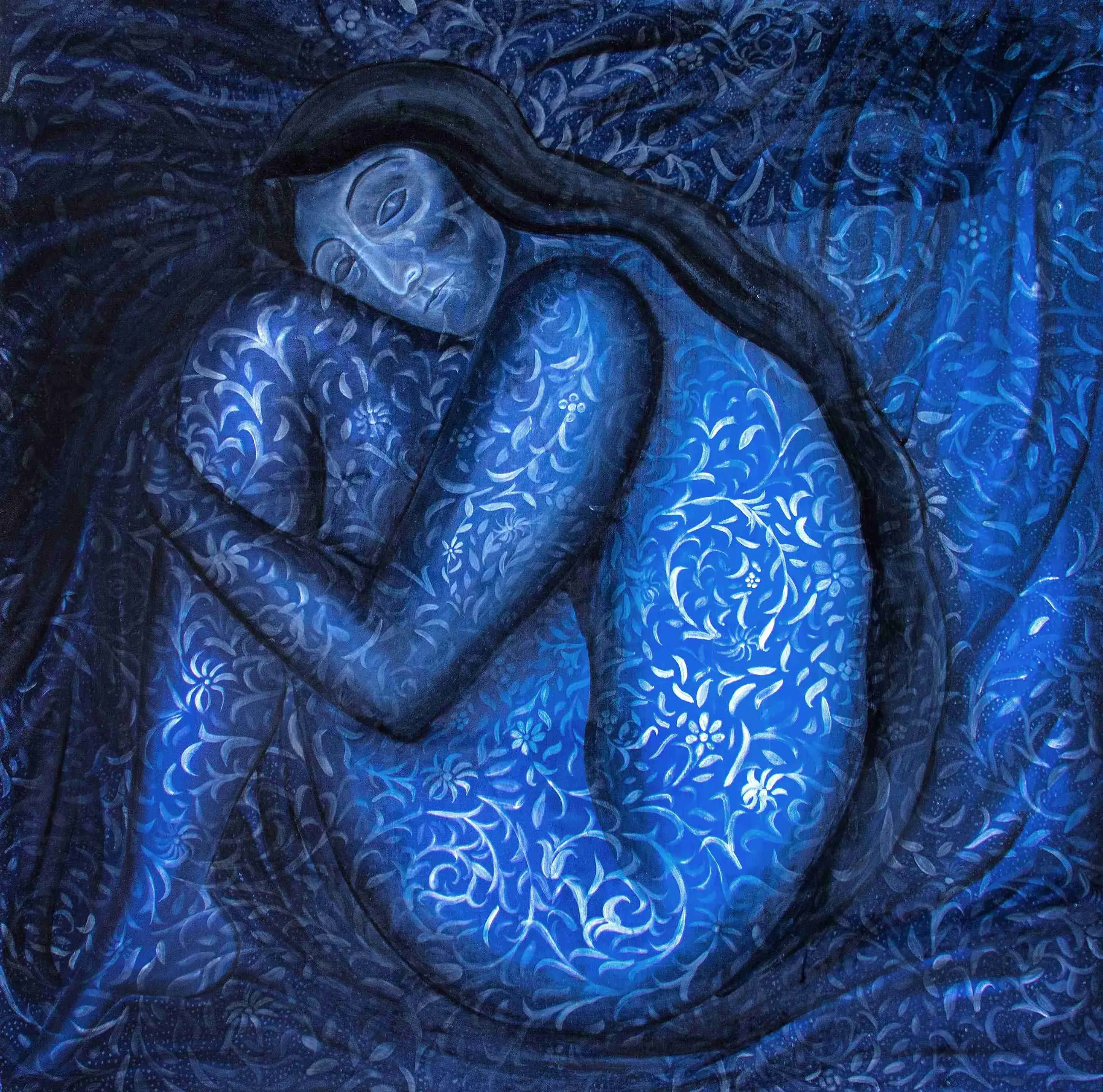 ‘Against the Howling Wind.’ Sara Al Abdali. 2023. Acrylic and oil paints on wood. 100 × 100 cm. Courtesy of the artist.