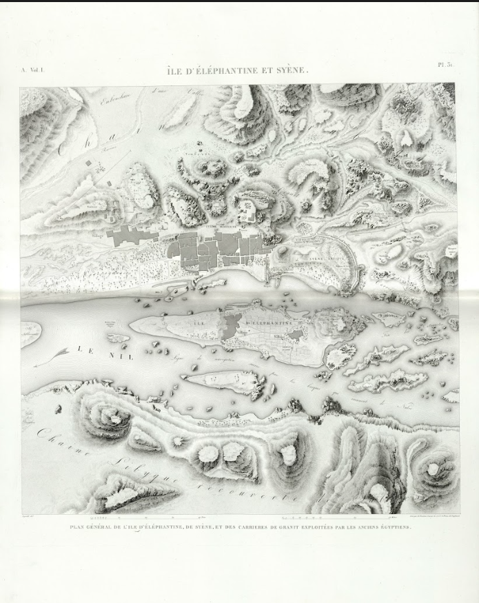 'Description de l'Égypte.' Panckoucke (Second Edition). 1820-1829. Produced following Napoleon Bonaparte's French Campaign in Egypt, this work documents Egypt through detailed maps and engravings. Its plates show the Nile as a central feature of the landscape, flowing past sites such as Philae and Elephantine, shaping settlements, and guiding movement along the river. (HC.FB.25925.01 / HC.FB.25925.11). Courtesy of the Heritage Collection Team in the Heritage Library, Qatar National Library.