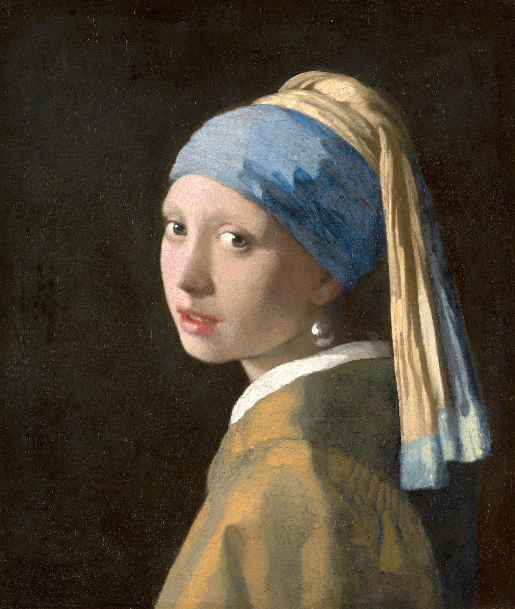 'الفتاة ذات القرط اللؤلؤي.' يوهانس فيرمير. 1665. تُعدّ هذه اللوحة أشهر أعماله، كان بارعًا في توظيف الضوء، كما يظهر في نعومة ملامح وجه الفتاة، واللمعان الخافت على شفتيها، والبريق المتألّق للؤلؤة البارزة. حقوق الصورة: متحف ماورتشهاوس، لاهاي.&nbsp;