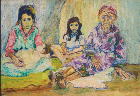 'Scéne de familli (Family scene),' by Zina Amour. 1967. Oil on wood panel. 72 x 92 cm. This art was part of ‘Horizon in Their Hands’ exhibition in collaboration with Barjeel Art Foundation held at Ithra. Courtesy of Ithra.