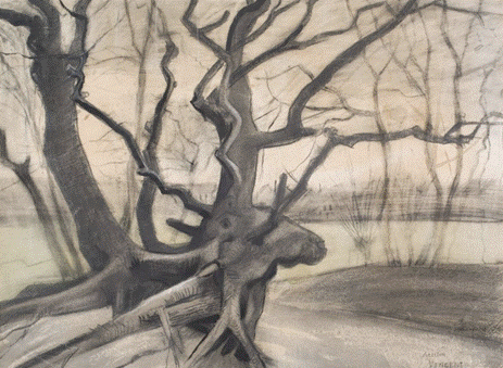 ‘Tree Roots in a Sandy Ground (Les racines).’ Vincent van Gogh. April-May 1882. The Hague. Pencil, black chalk, brown and grey wash, opaque watercolour on watercolour paper. 51.5 × 70.7 cm. Credits: Kröller-Müller Museum. KM 117.091 RECTO.&nbsp;