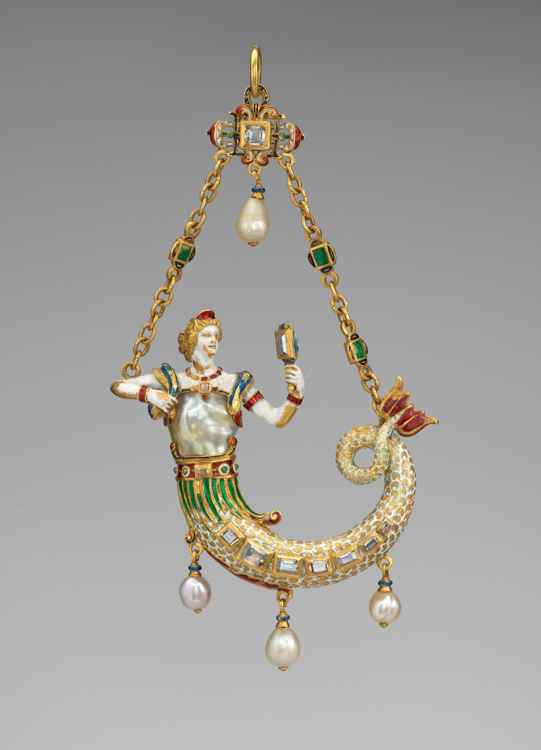 Pendant in the form of a mermaid, probably based on a design by Reinhold Vasters. Circa 1870-1895. Baroque pearl with enameled gold mounts set with diamonds and pendant pearls. Height of 12.4 cm. Credit to The Jack and Belle Linksy Collection, 1982.