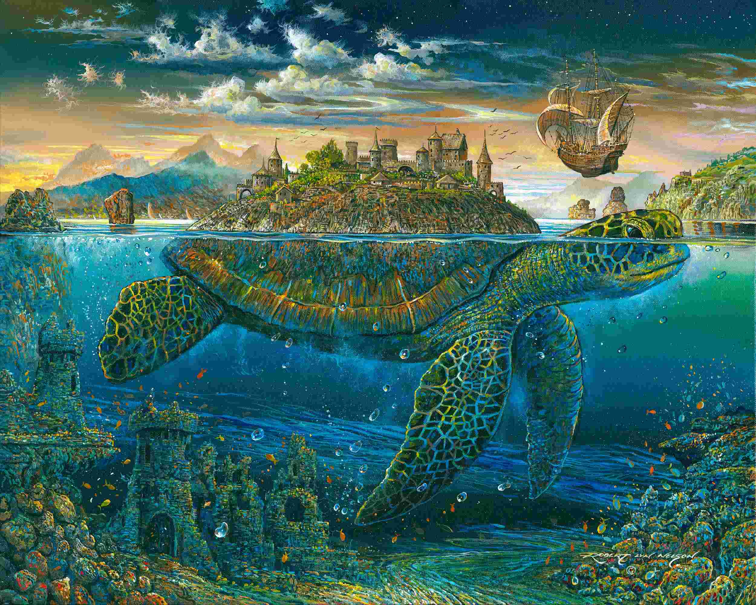 ‘Wisdom.' Robert Lyn Nelson. Giclee on canvas, 61 x 76 cm. Surrealist artwork that presents a split perspective, revealing a medieval castle perched atop an island under a sunset-kissed sky above, while simultaneously showcasing the vibrant underwater realm below the surface. A colossal sea turtle gracefully navigates the deep, its shell echoing the colors of the island above. Courtesy of the artist. 