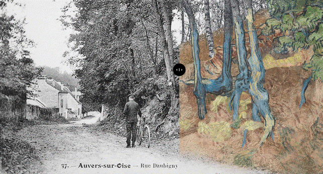 A postcard dating from 1900-1910 featuring a scene including tree trunks and roots growing on a hillside that look like those drawn by Vincent van Gogh. The location in Auvers-sur-Oise was discovered by Wouter van der Veen, the scientific director of the Institut Van Gogh, who found the postcard. Credits: Van Gogh Museum, Amsterdam.