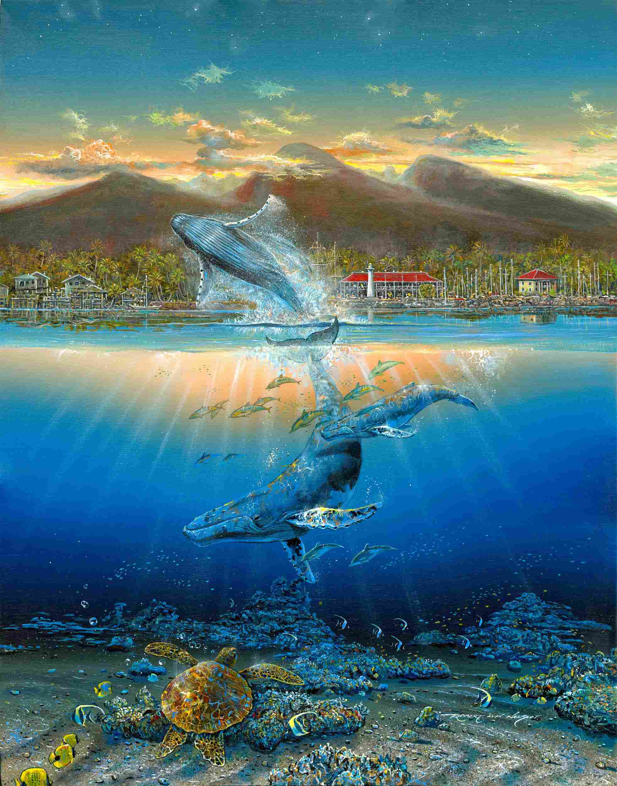 ‘Two Worlds 2012.' Robert Lyn Nelson. Giclee on canvas, 76 x 61 cm. Humpback whale breaches against the backdrop of a tranquil sunset over Lahaina town and distant volcanic peaks. Schools of fish dance in the sunlit depths, while a peaceful sea turtle navigates a vibrant coral reef. Courtesy of the artist. 