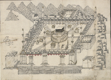 The Holy Kaaba, Makkah. An excerpt from Count Rzewuski’s Sur les Chevaux Orientaux et Provenants des Races Orientales ("Concerning the Horses of the Orient and Those Originating from Oriental Breeds"). 1820 - 1830. Source: polona.pl.&nbsp;