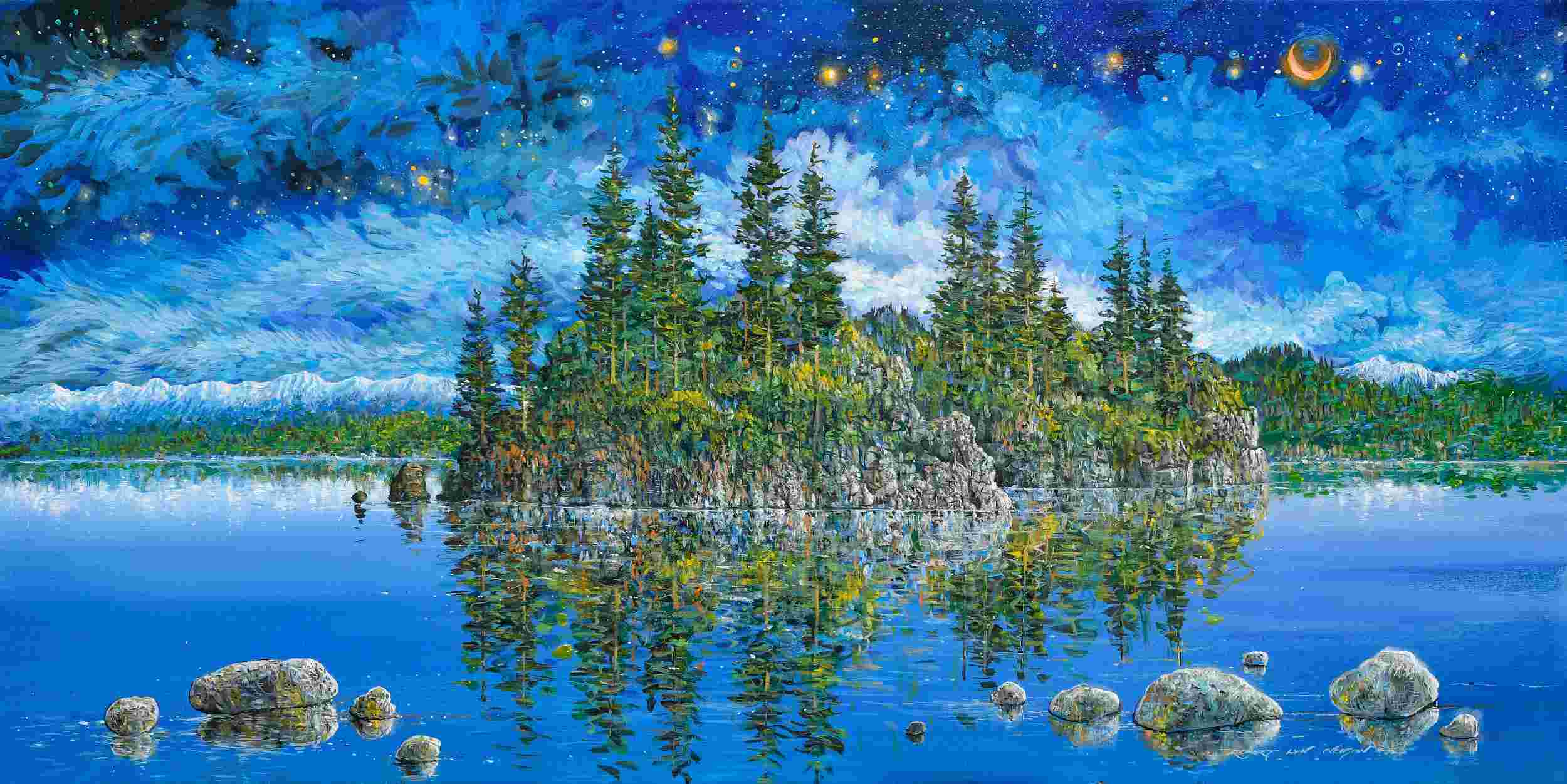 ‘Tahoe Passion.' Robert Lyn Nelson. Acrylic on canvas, 21 x 122 cm. Inspired by Vincent Van Gogh, Nelson captures the mystical allure of Lake Tahoe beneath a twinkling night sky. Courtesy of the artist. 