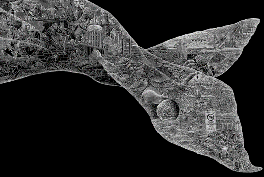 ‘Or, The Whale.' Jos Sances. 2019-2020. This section features the end of the majestic whale piece that measures roughly 4 by 15.5 meters (119 panels of 5 x 7.5 cm). Courtesy of the artist. 