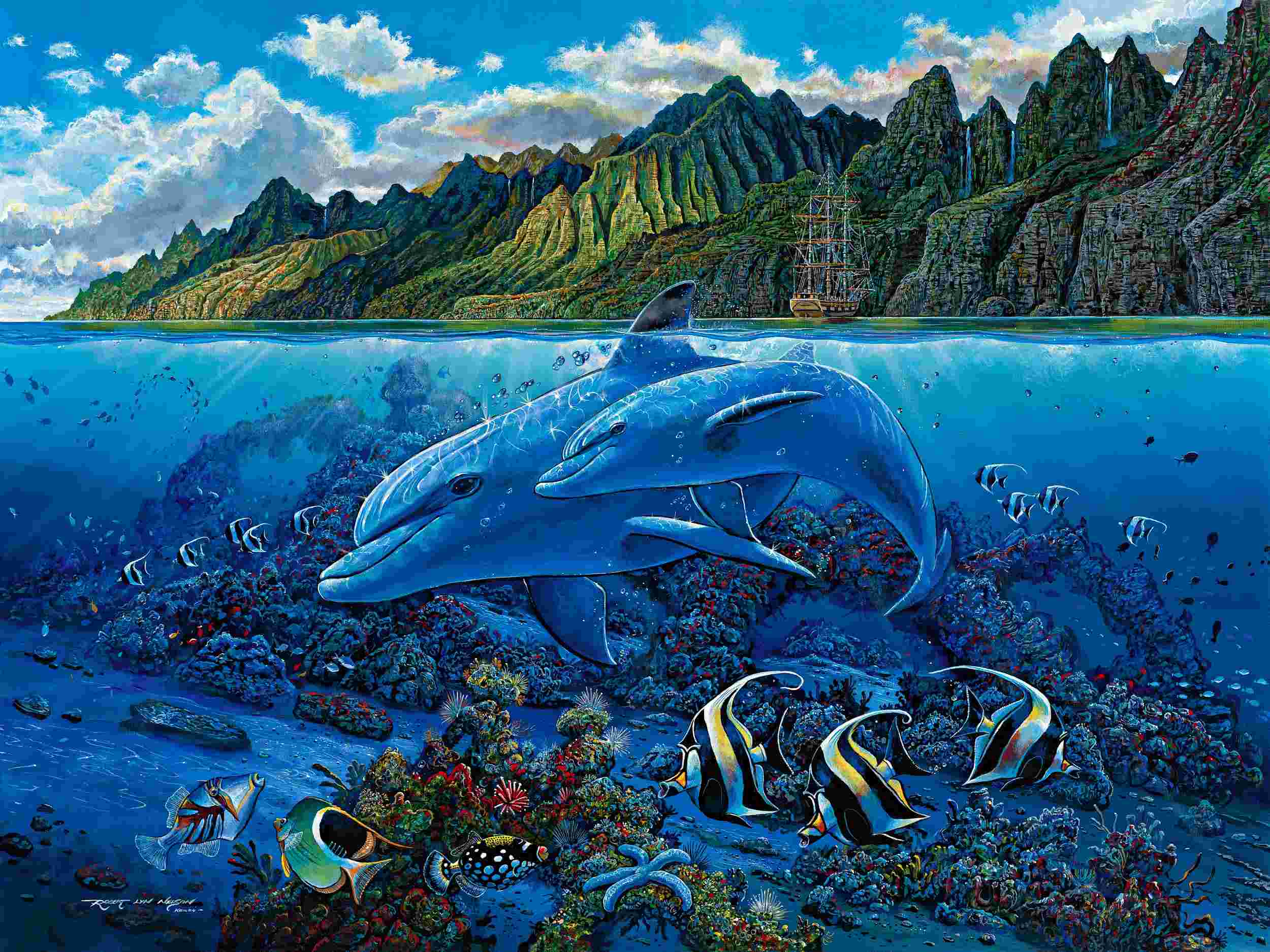 ‘Beyond the Blue.' Robert Lyn Nelson. Giclee on canvas, 76 x 102 cm. Seamless blend of above and below-water perspectives, transporting the viewer to a vibrant Hawaiian coastline. Courtesy of the artist. 